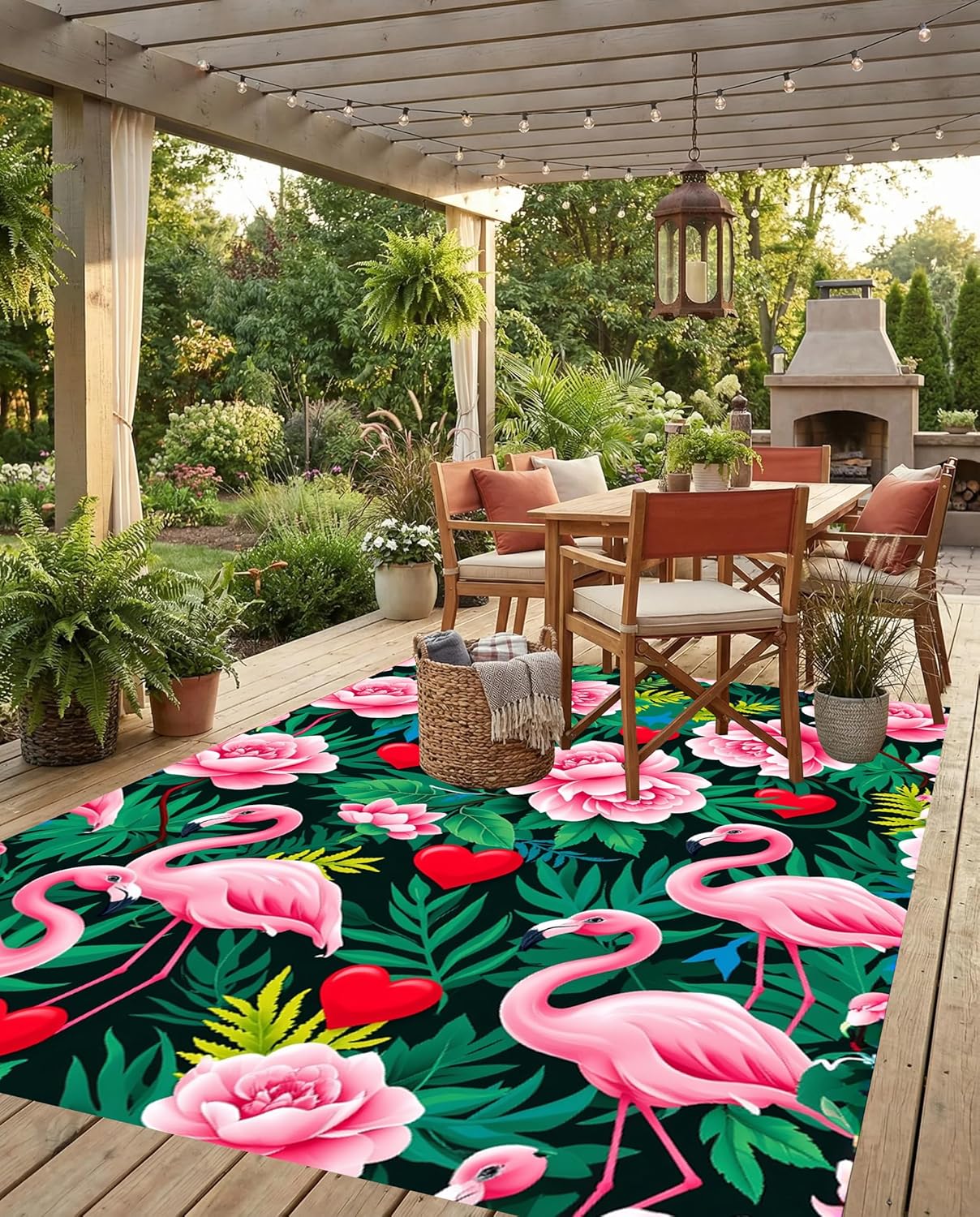 Tropical Flamingo Outdoor Rug 5x7 Emerald Green Pink Peony Flower Pattern Vibrant Floral Print Outside Rugs for Patio Balcony Deck Garden Modern Washable Waterproof RV Camping Backyard Mat