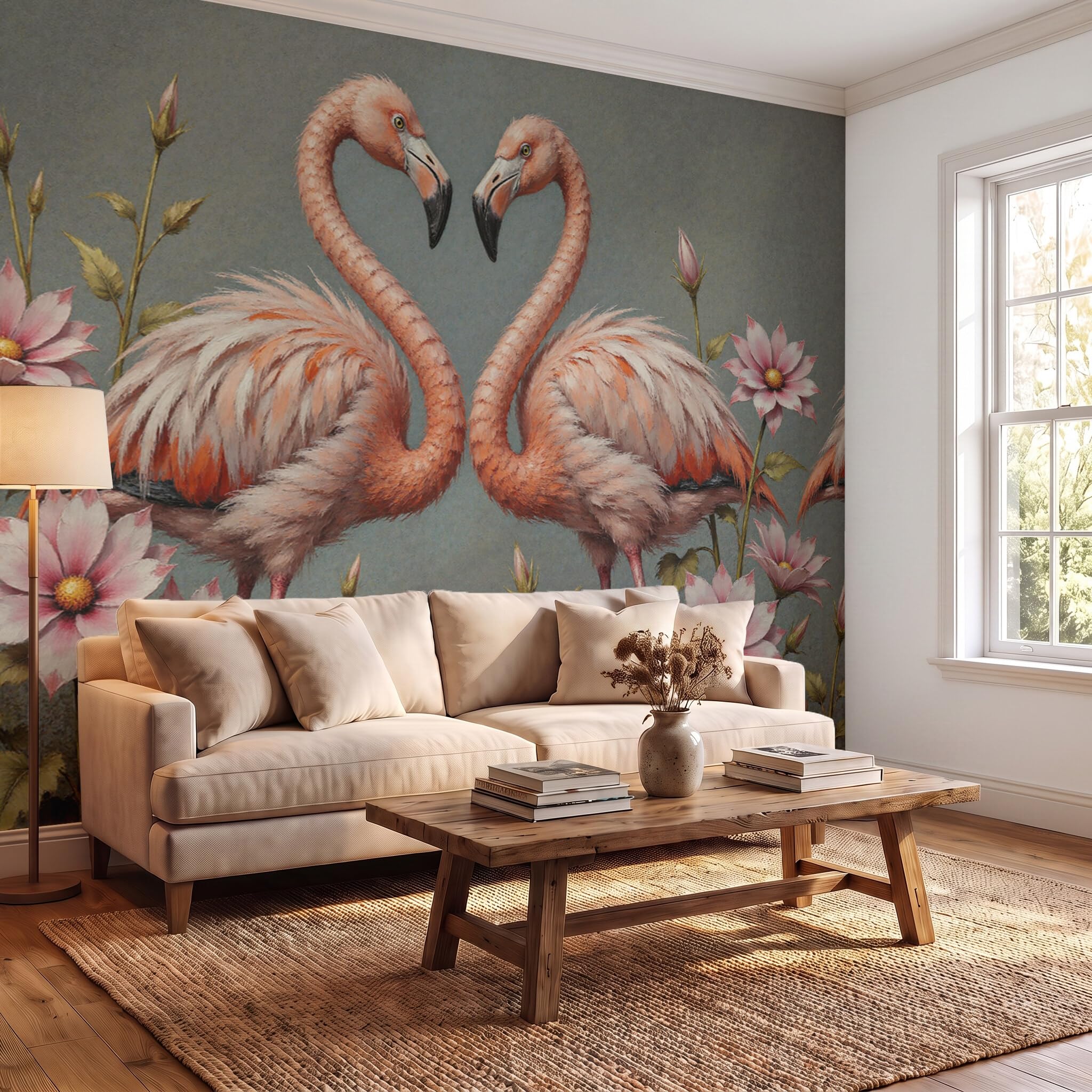 Papier Peint Panoramique 3D Flamant Rose 300X210Cm | Papier Peint Murale Intissé Peinture À L'Huile Classique D'Animaux,Tapisserie Murale Pour Salon Chambre Maison Décoration Intérieure