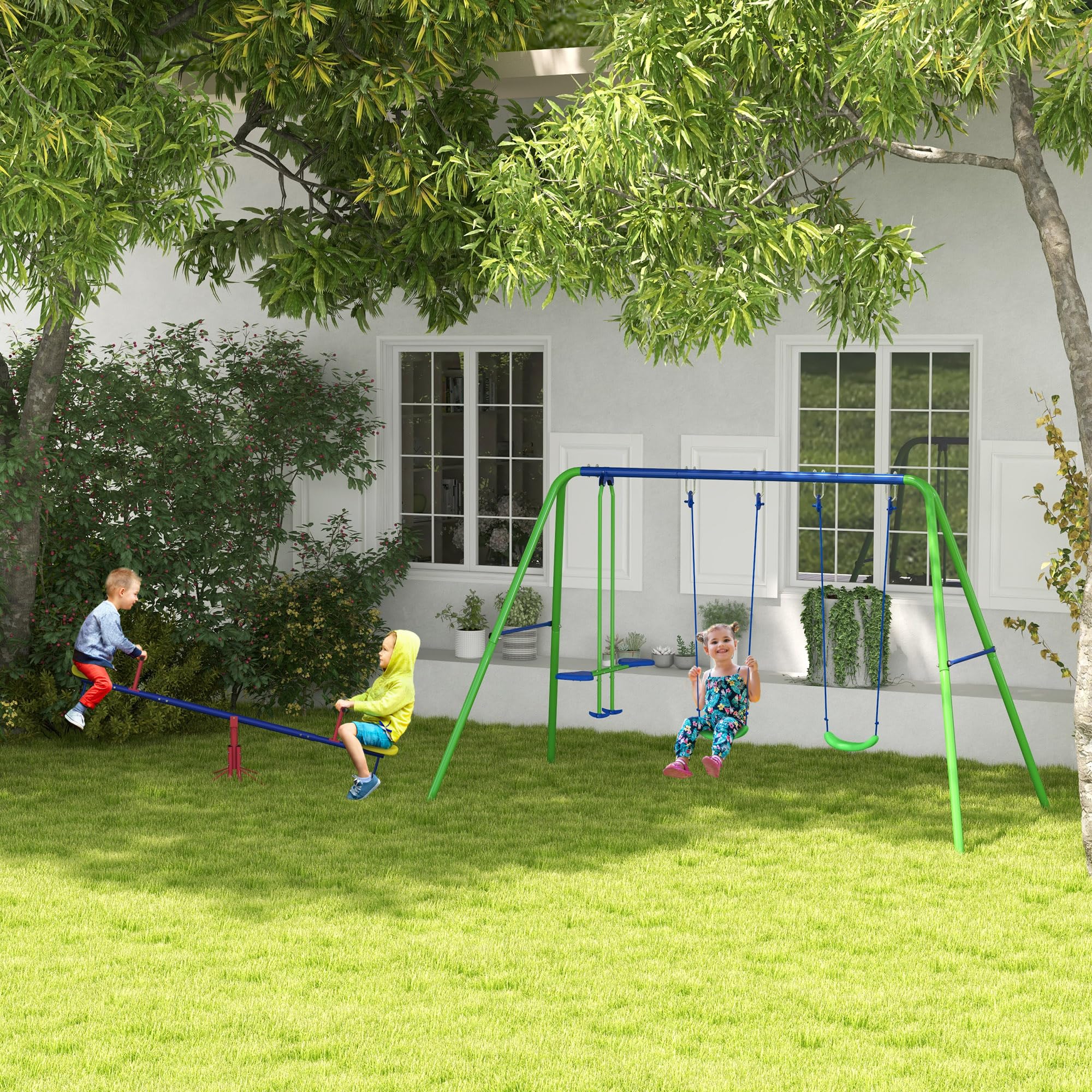 Outsunny Gioco per Bambini con Altalena a Bilico Girevole e Set Altalene da Giardino per 4 Bambini, Multicolore