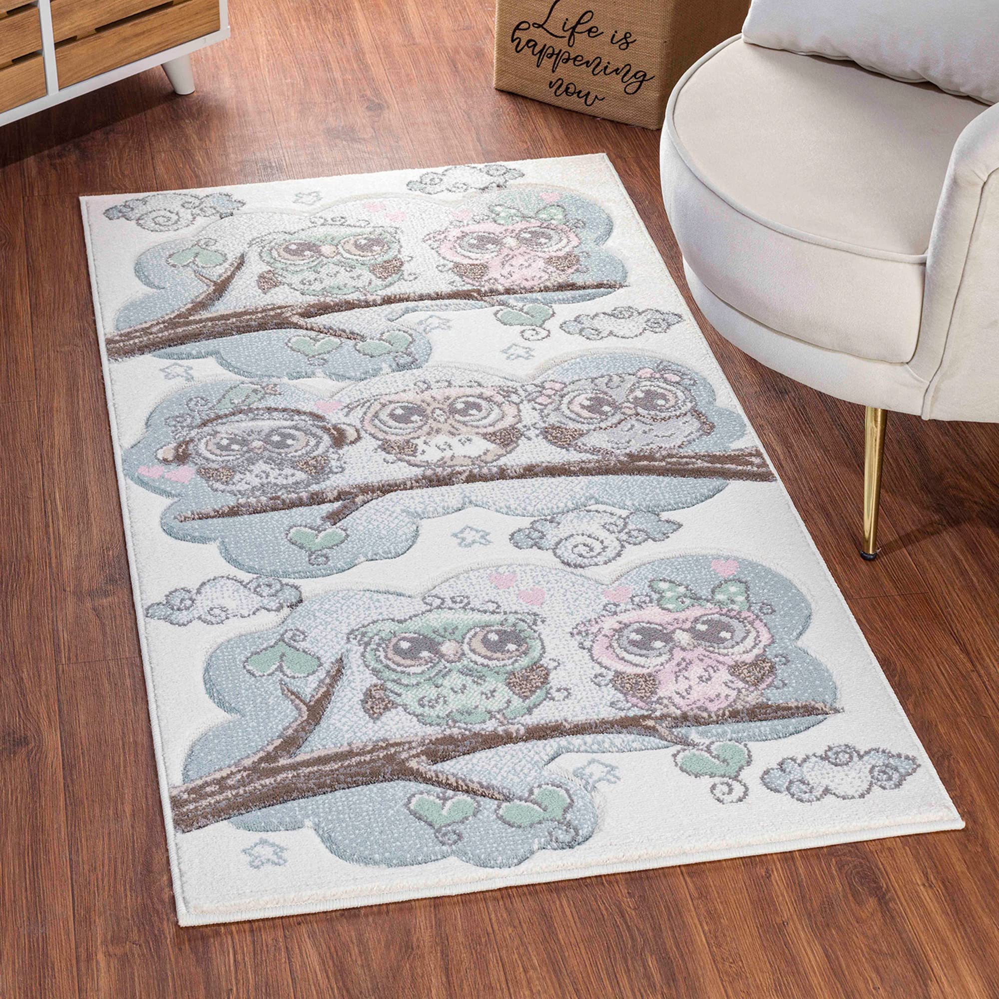 Livabliss Owls Kids Rug - Childrens Rugs for Bedroom 80x150 cm, Animal Kids Carpet for Girls & Boys Bedroom, Playroom and Nursery Rugs, Baby Rug for Girl or Boy Room, Beige, Blue and Brown