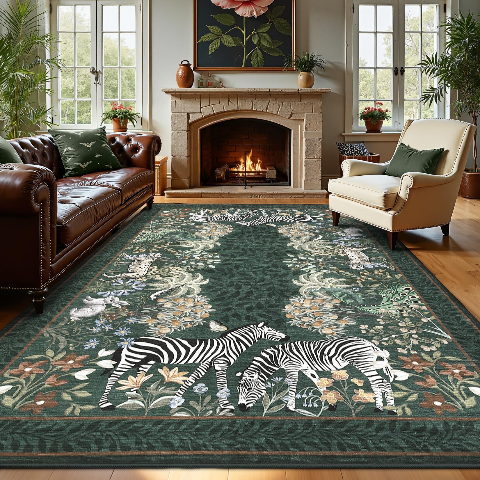 GarveeHome Zebra Green Washable Rugs 9x12 for Playroom Vintage Jungle Woodland Forest Safari Animal Print Rug Low Pile Botanical Kids Rugs for Living
