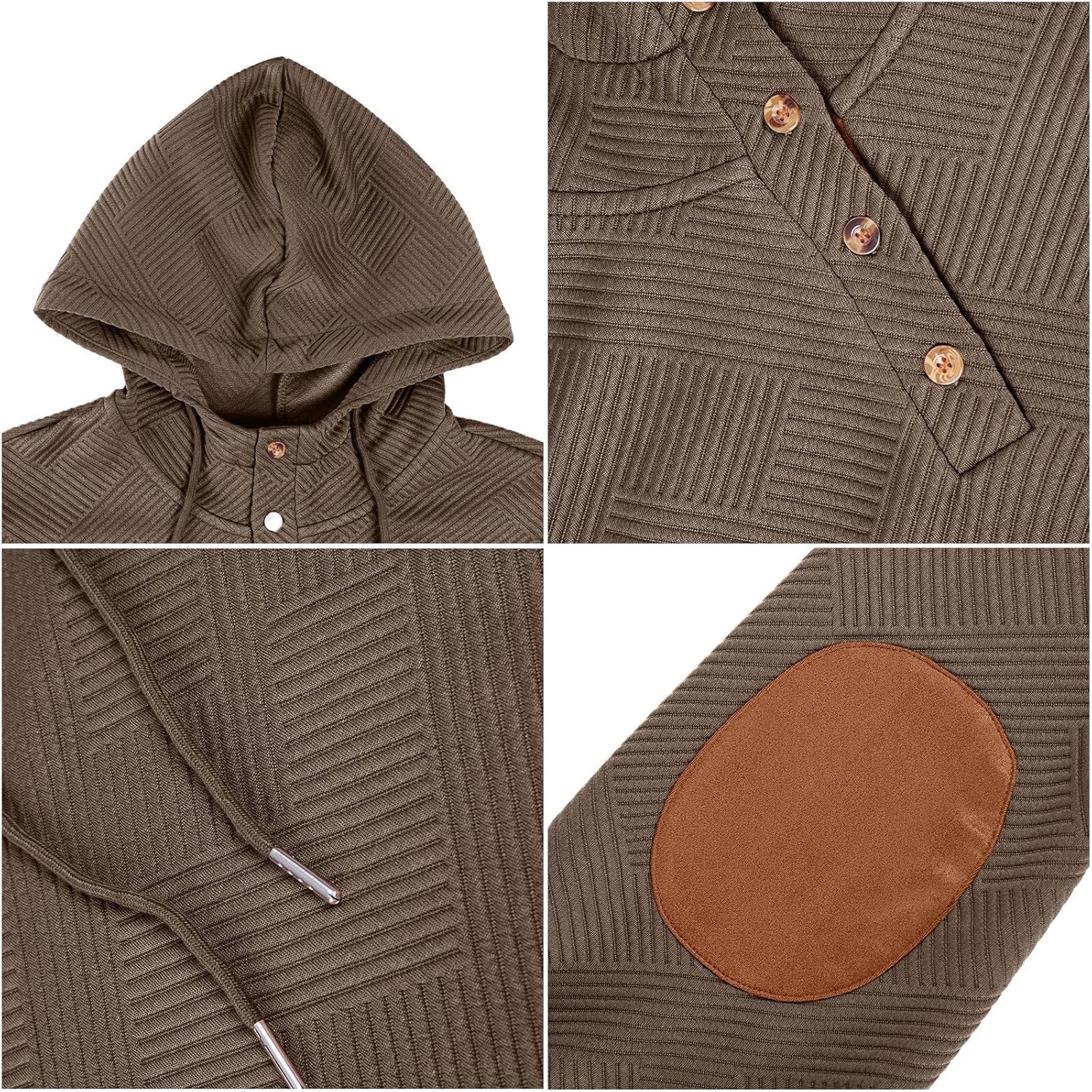 Mens Fashion Pullover Hoodies Long Sleeve Thermal Drawstring Button Texture Hooded Sweatshirt - Image 7