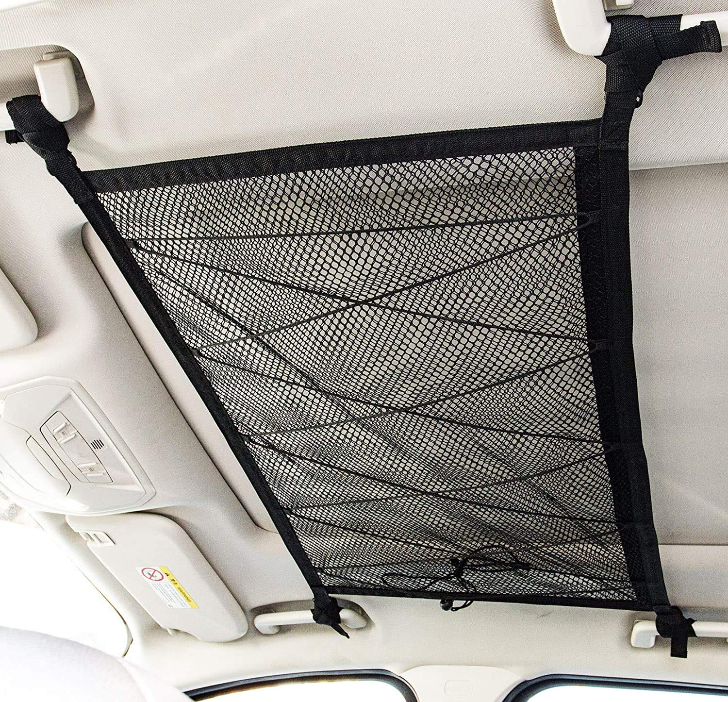 DELFINO Double Layer Mesh SUV Interior Ceiling Cargo Storage Organizer Net with Adjustable Buckle and Extra Drawstring, 33.4x22.5in