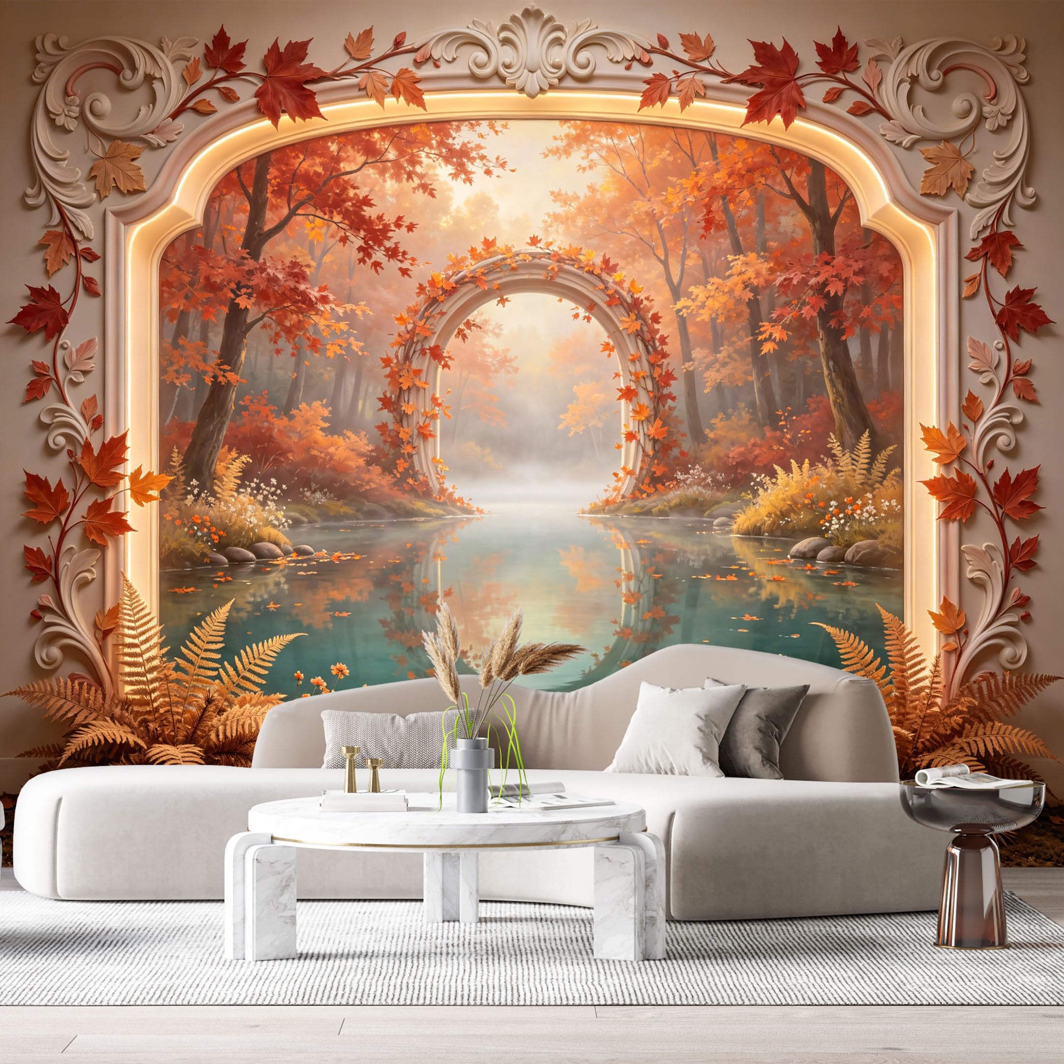 Custom Size Wall Murals Autumn Maple Leaf Forest Lake Archway 3D Trompe L'Oeil SelfAdhesiveWall Fabric Removable Wallpaper Wall Decor for Living Room Bedroom Bathroom