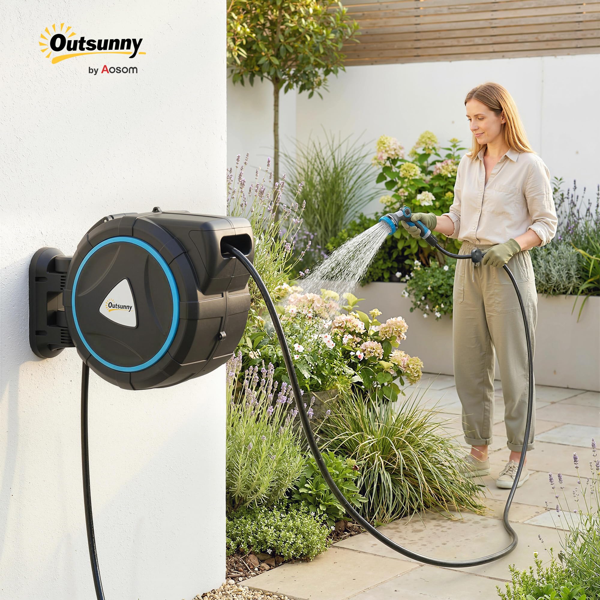 Outsunny Avvolgitore Tubo per irrigazione a parete automatico 23+2m 10+2 modalità blu | Pistola da irrigazione 10+2 modalità, soluzione di irrigazione retrattile e flessibile, giardino, pulizia auto