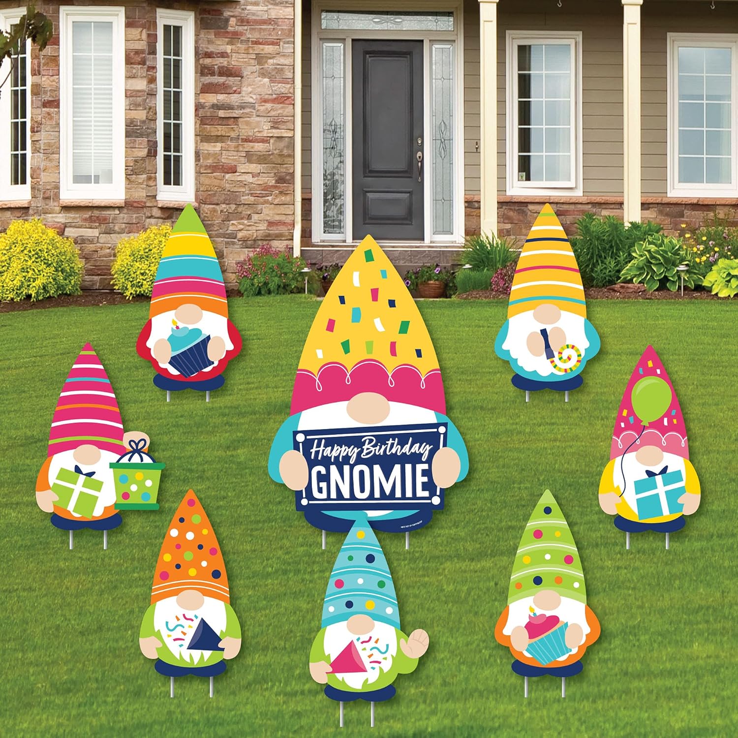 Big Dot of Happiness Gnome Birthday - Yard Sign and Outdoor Lawn Decorations - Happy Birthday Party Yard Signs - Set of 8