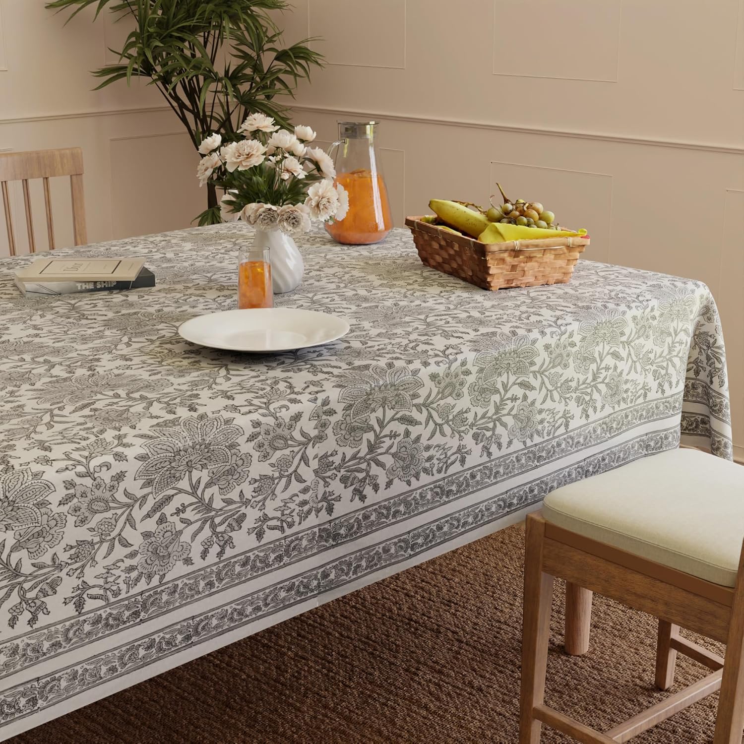 Encasa XO Rectangular Tablecloth 60"x108" 9 ft Ash Jaipuri Block Print Cotton Dining Table Cloth | Handcrafted Floral tablecloths – Machine Washable for Indoor, Outdoor, Everyday Use
