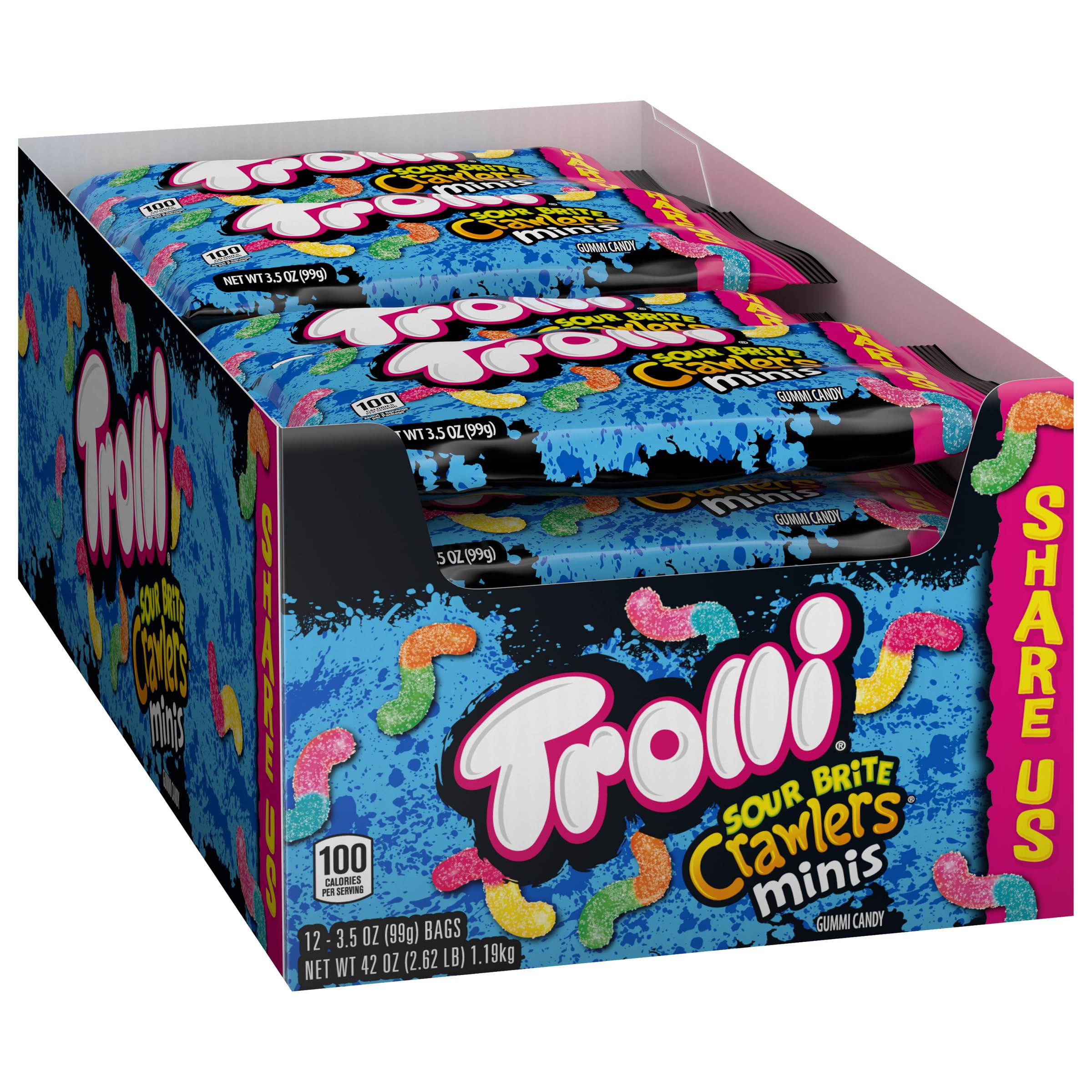 Trolli Sour Brite Crawlers Mini Sharepack, Sour Gummy Worms, 3.5 Ounce Packs (Pack of 12)
