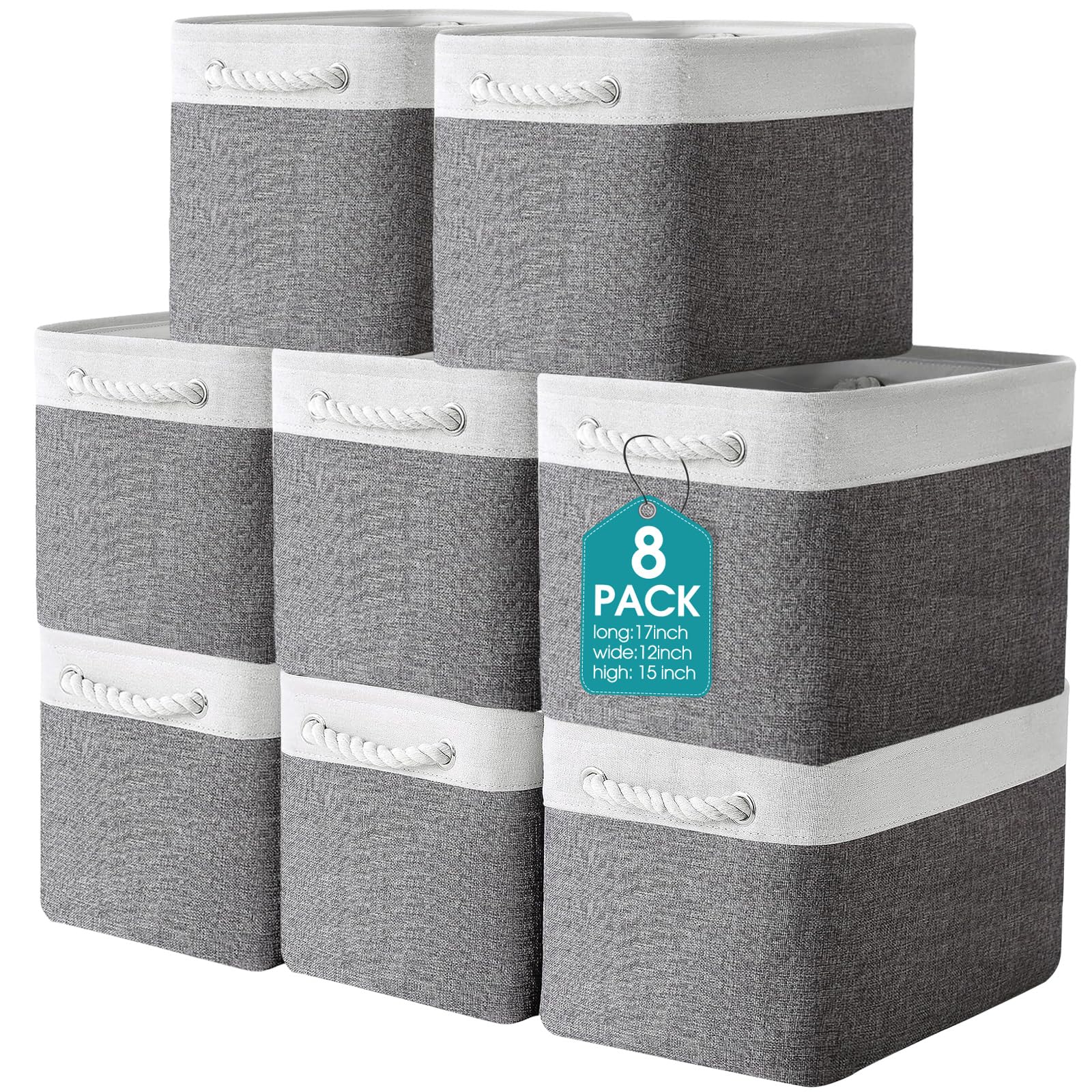 meekoo 8 Pack Collapsible Storage Bins Fabric Storage Bins Polyester Fabric Storage Baskets with Handles Linen Closet Organizer for Shelf Home Closet Towels Toys (Gray White,17 x 12 x 15 In)