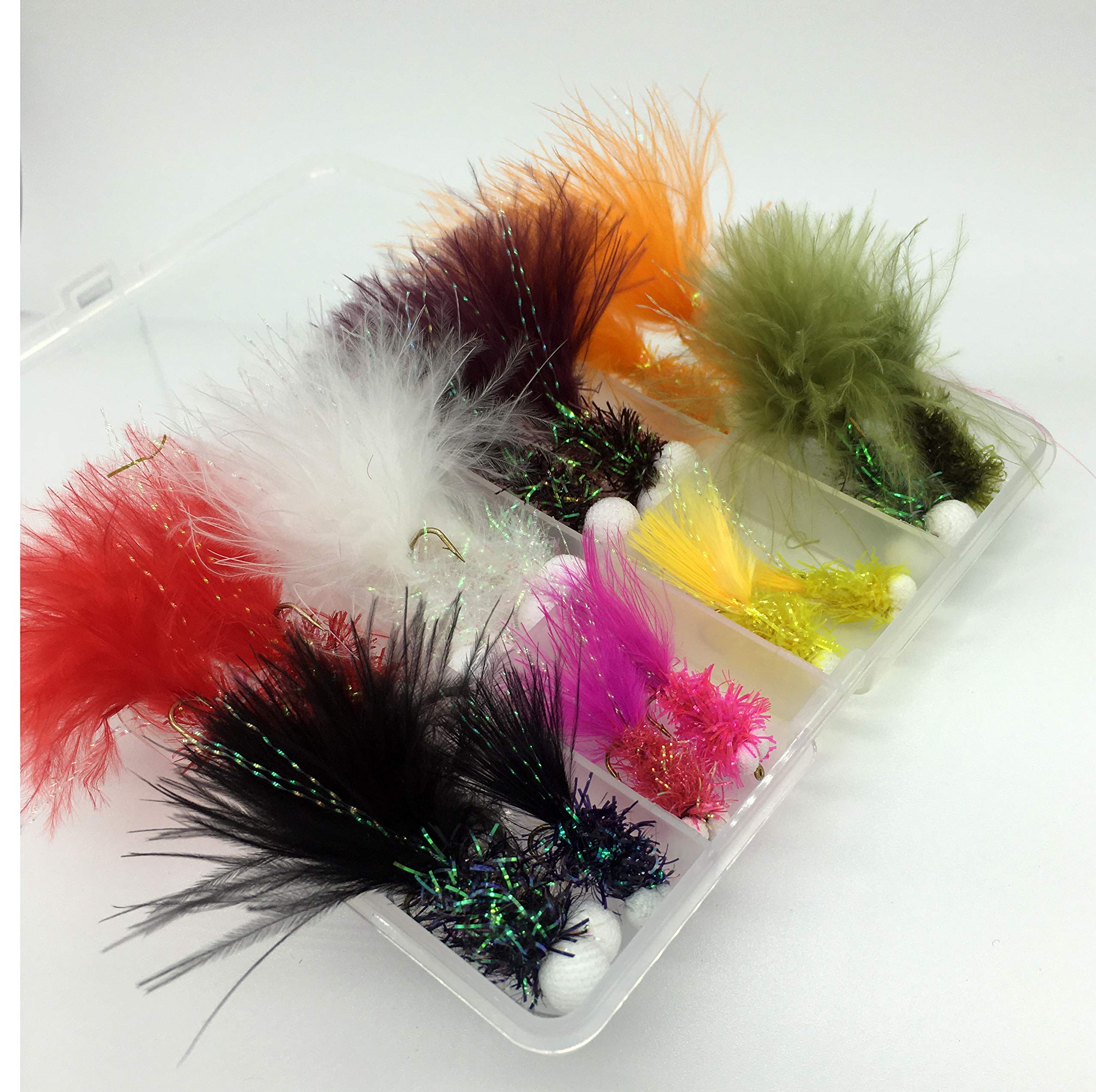 Fliegenfischen Booby und Poly Foam Köpfe, 16 Fliegen-Set in Clip-Box