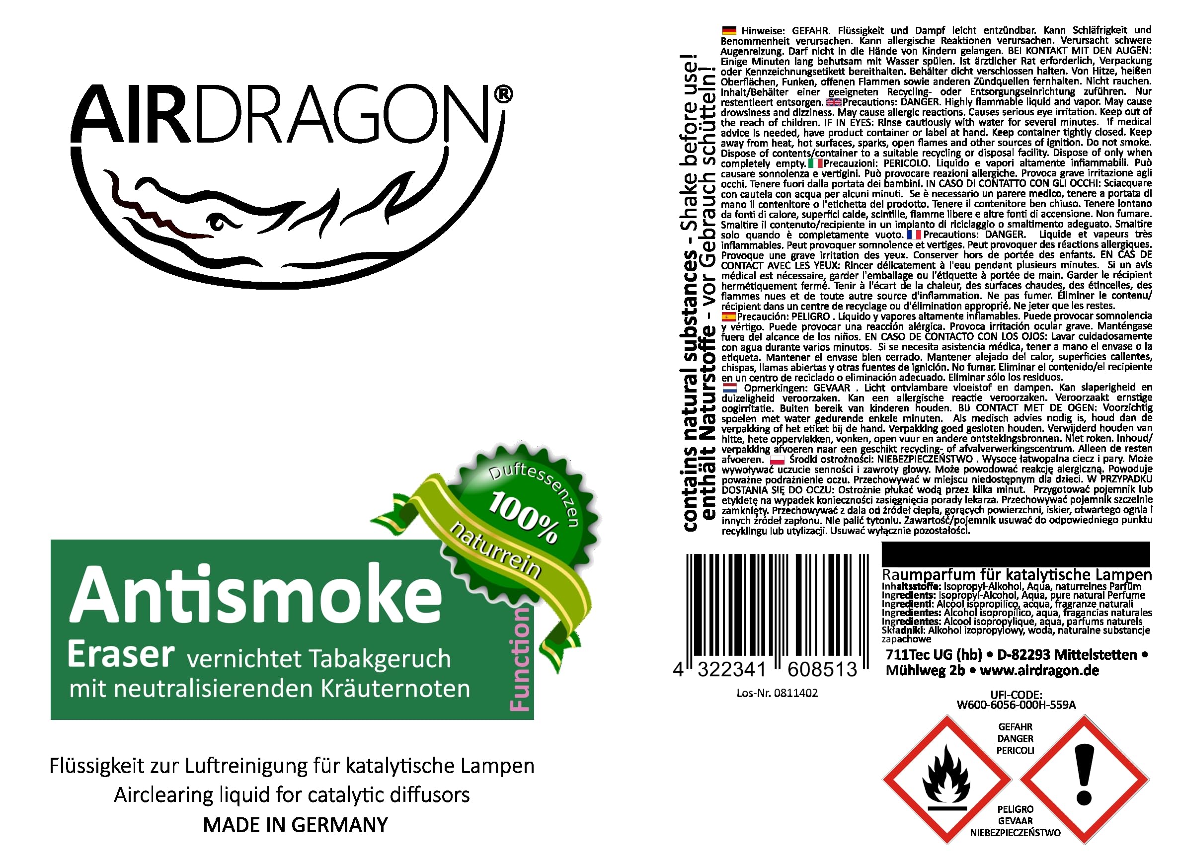 AIRDRAGON ANTISMOKE - katalytischer Raumduft ohne künstliche Duftstoffe - natürlicher Raumduft mit naturreinem ätherischem Duft-Öl für jede katalytische Lampe - 1000ml - Made in Germany