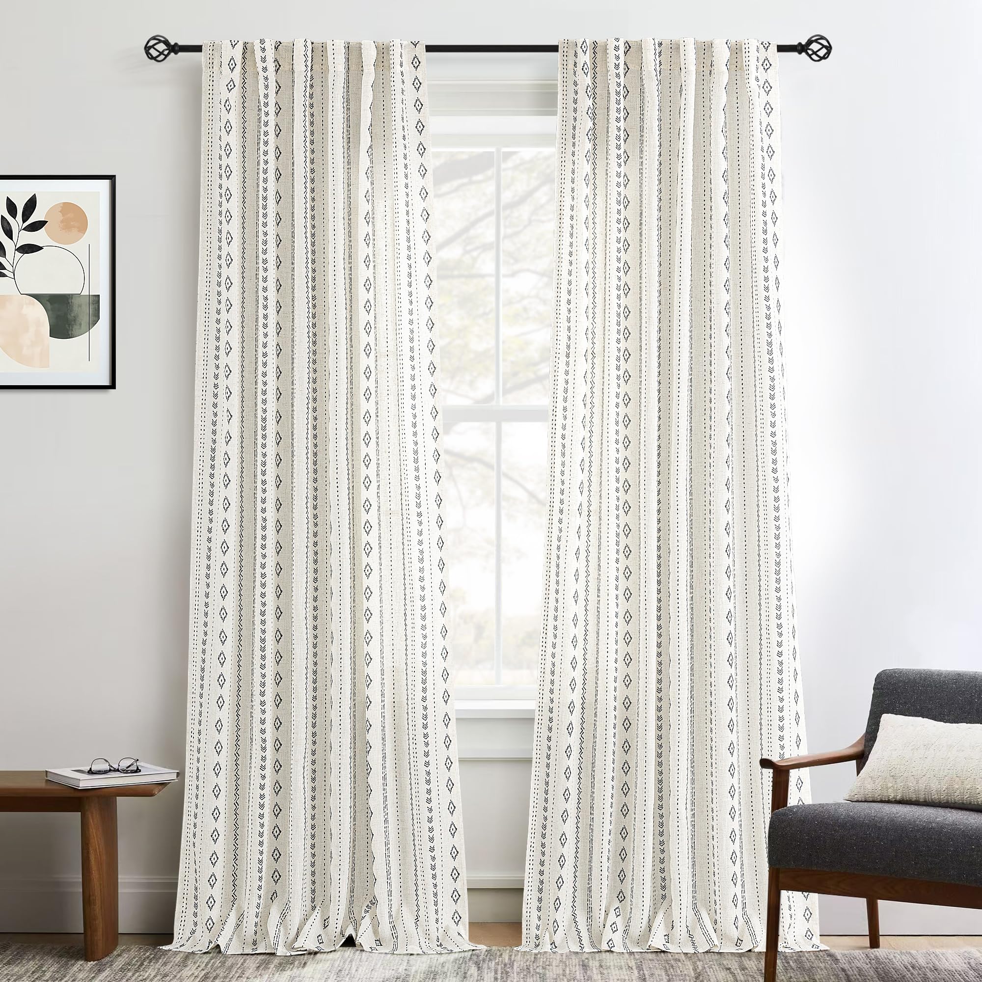 Natural Linen Boho Curtains for Living Room Light Filtering Black Stripe Geometric Pattern Semi Sheer Curtains 102 inch Long Western Bohomian Drapes Cream Rustic Farmhouse Home Decor Back Tab 2 Panels