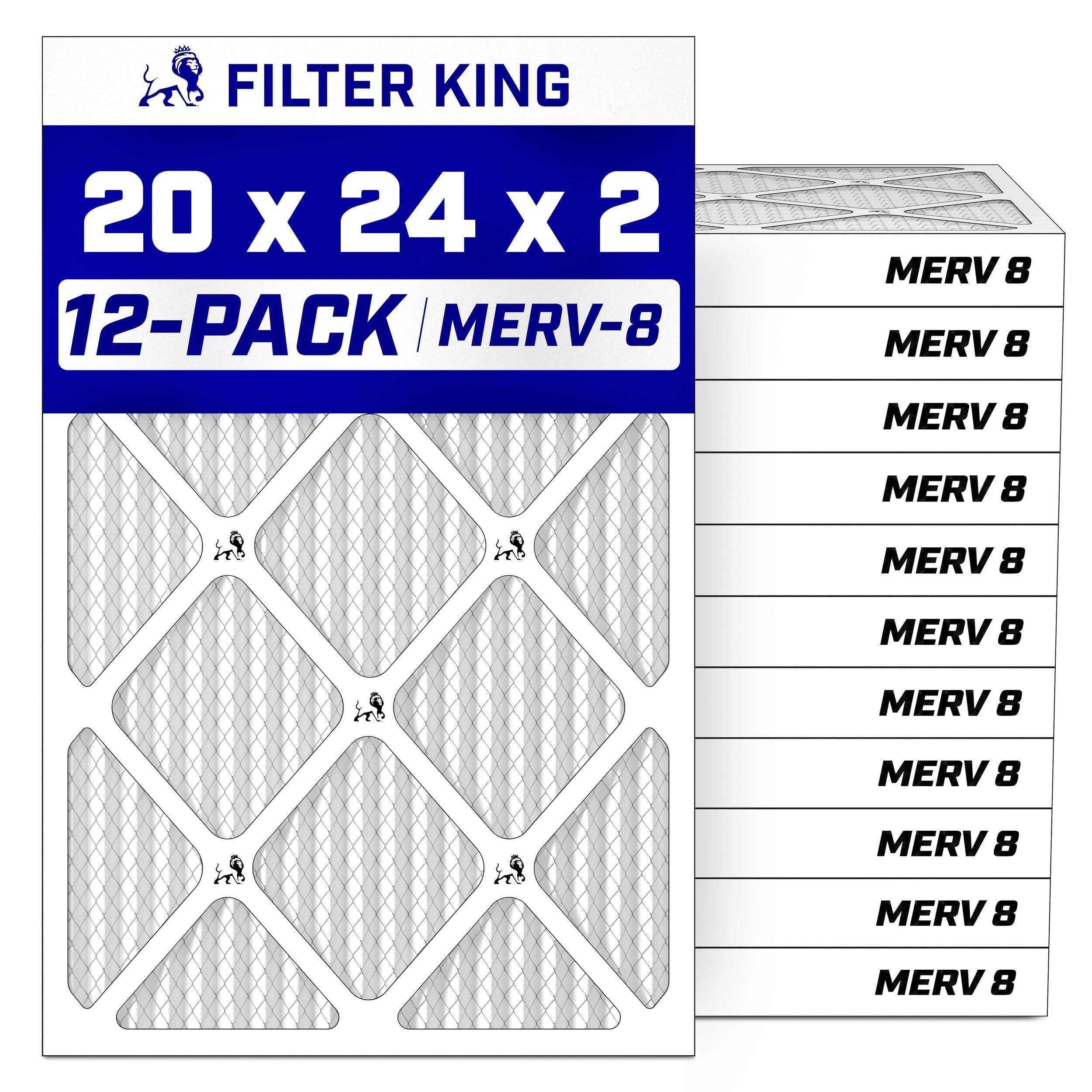 Filter King 20x24x2 Air Filter (MERV 8) (12-Pack) Dust & Allergy Control AC Furnace Filters, MADE IN USA, HVAC, Pleated, Electrostatic (Actual Size: 19.5 x 23.5 x 1.75)
