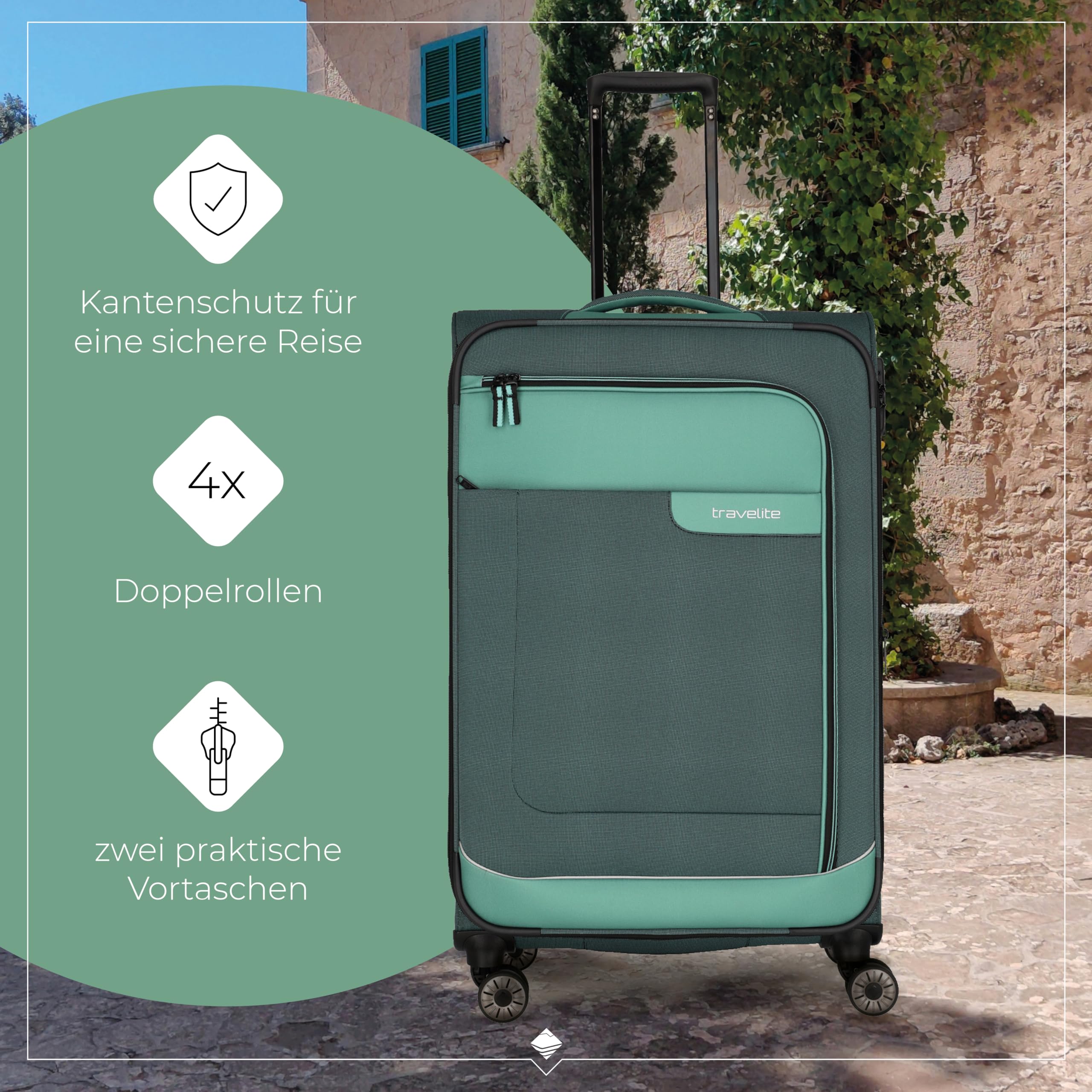 Travelite 4-Rad Koffer Größe L Weichschale aus recyceltem Material, Trolley 77 cm 91-103 Liter