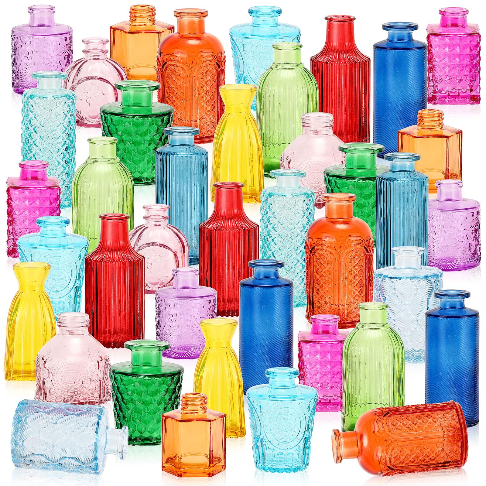 (Incomplete, only 59 pcs) Yaomiao 60 Pcs Vases Bulk Colored Flower Glass Vases Bud Vintage Colored Glass Bottles Colorful Rustic Embossed for Home Wedding Table Decorations Gifts(Vivid Color)