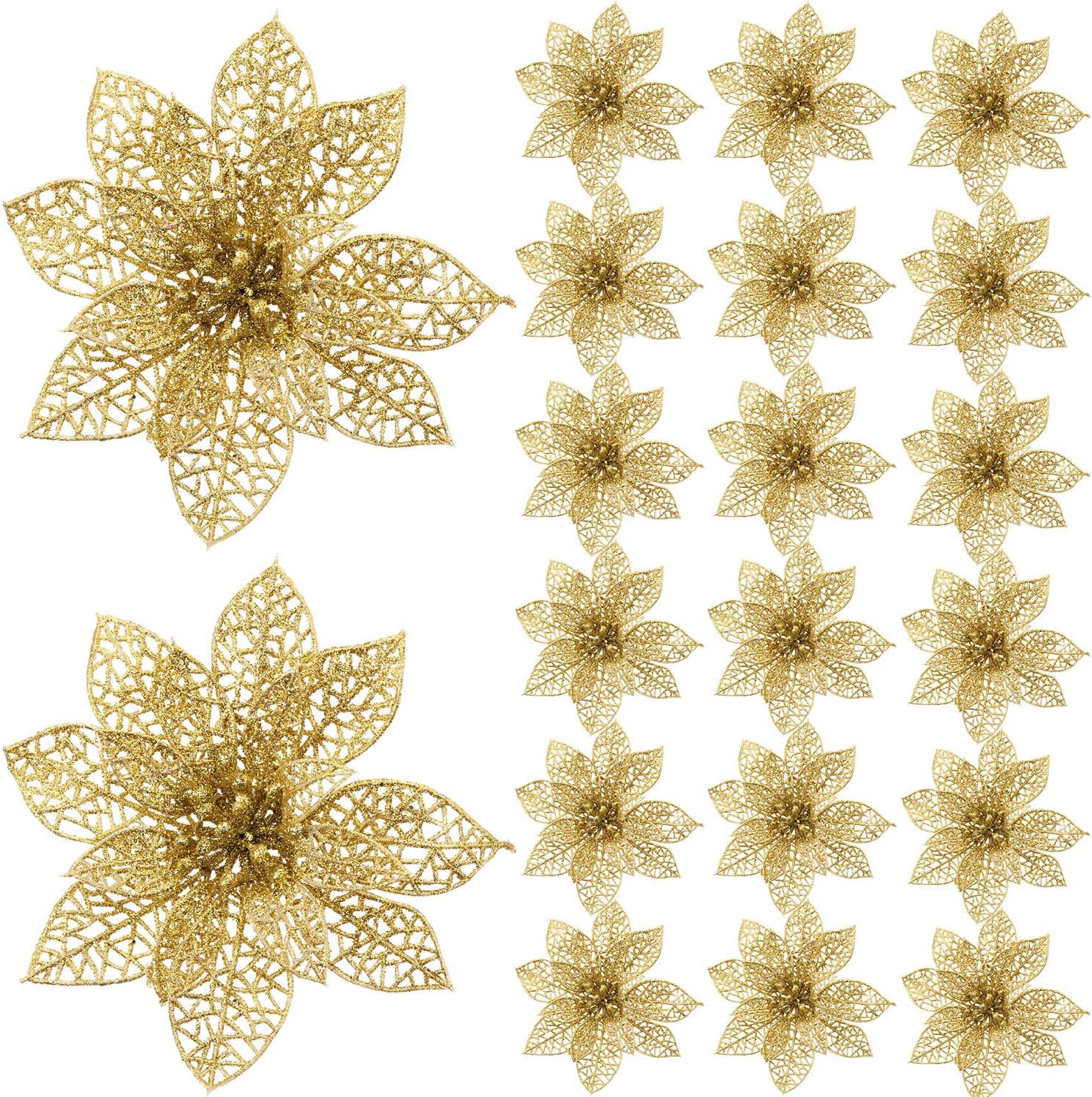 SATINIOR 20 Pieces Glitter Christmas Tree Ornaments Artificial Wedding Christmas Poinsettia Flowers for Festival Decoration (Gold)