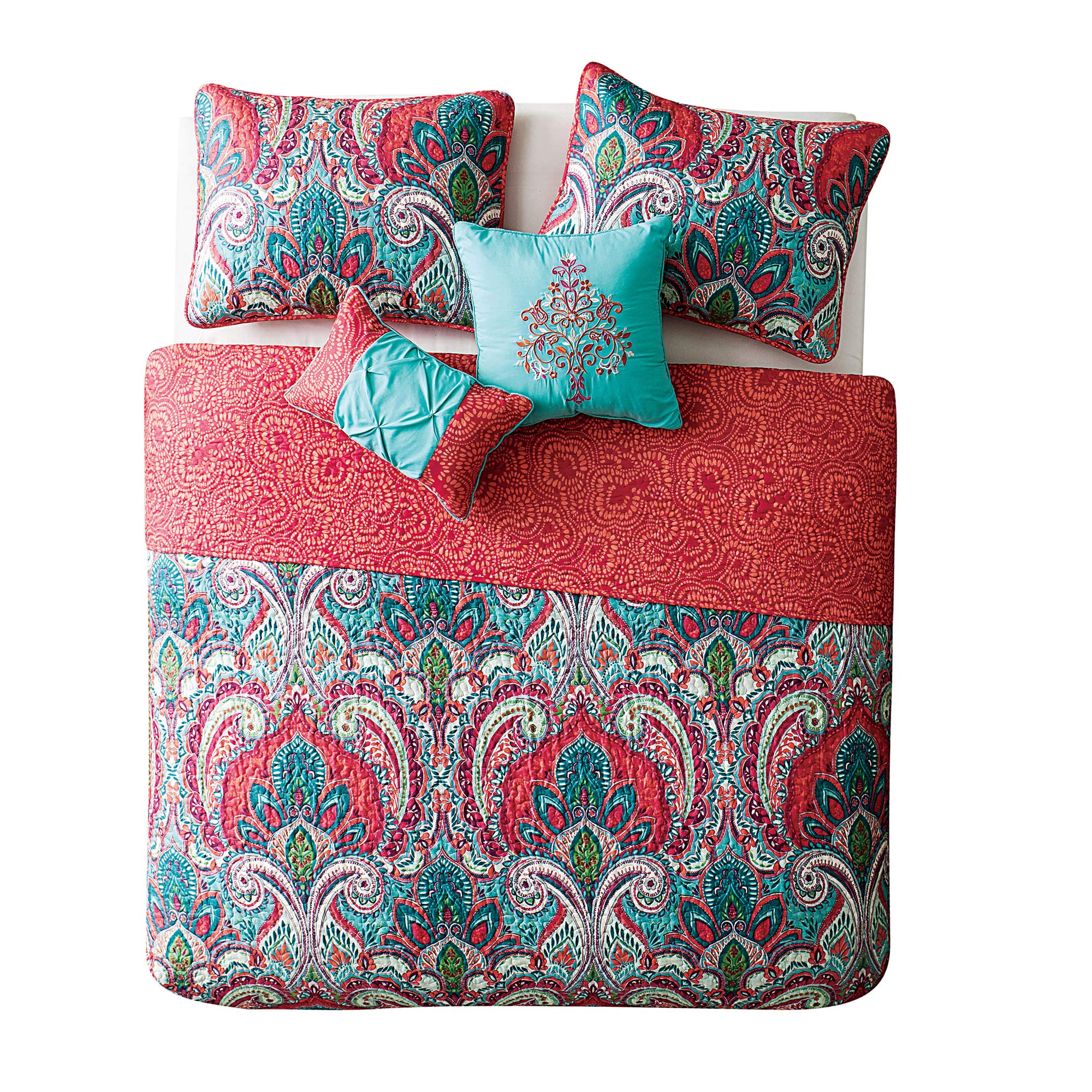 VCNY HomeQuilt Set, 5-Piece Paisley Bedding with Matching Shams & Decorative Pillows, Reversible, Boho Home Decor (Casa Re'al Collection, King)