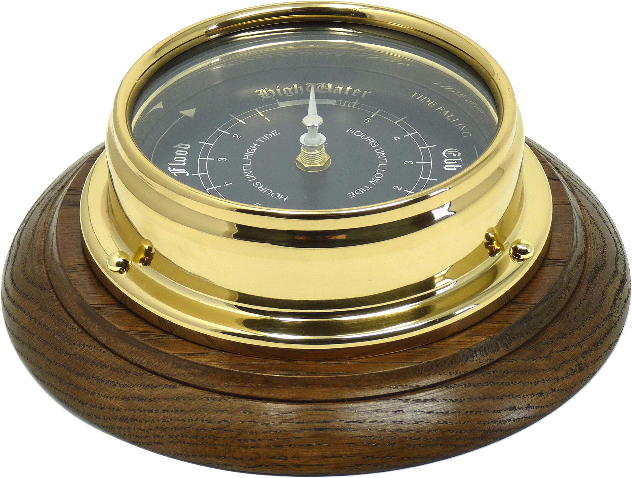 TabicPrestige Brass Tideclock With Jet Black Dial, Mounted On a Solid English Oak Mount, Handmade in England