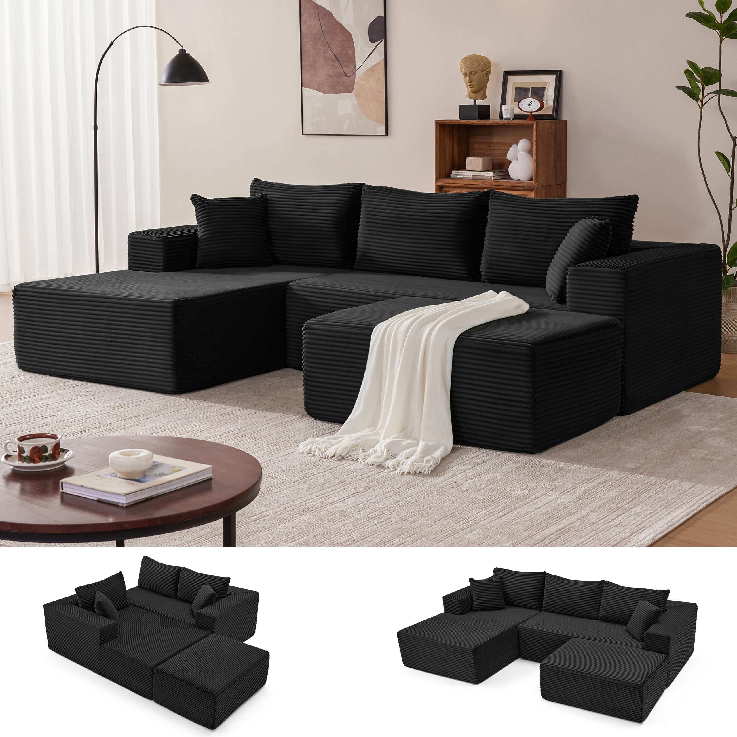 Mangodan 110” Cloud Sectional Couch, Modular Sectional Sofa with Deep Seat, Boneless Sofa for Living Room, Fluffy Comfy U-Shaped Couch with Left Facing Chaise, No Assembly Required, Black