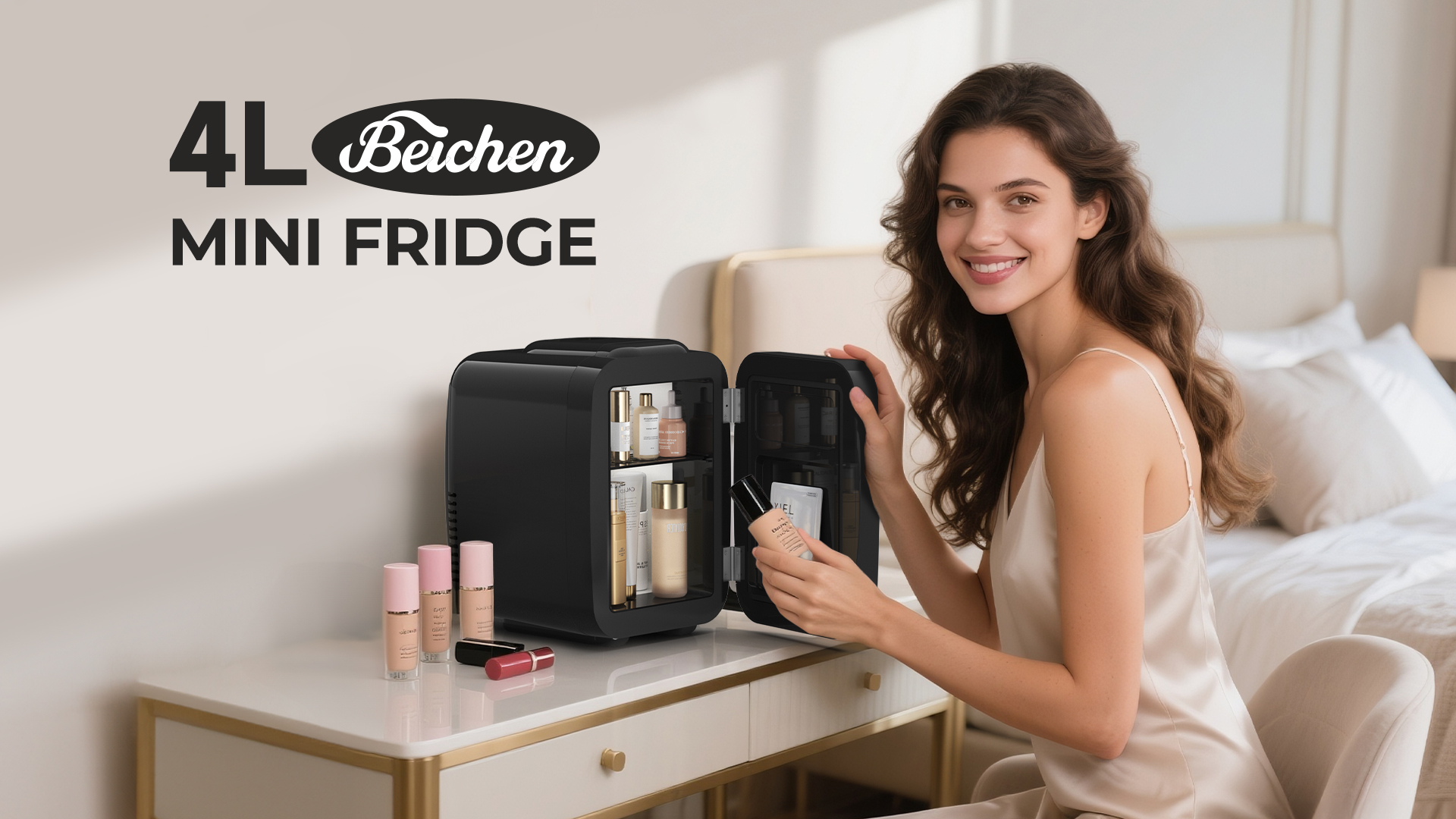 Image of BEICHEN Mini Fridge, 4 Liter /6 Can Portable Refrigerator for Bedroom Office Dorm Car- Fast Cooling, Low Noise, 100-125V AC /5-12V USB Small Compact Refrigerator for Skincare, Food, Drinks(White)
