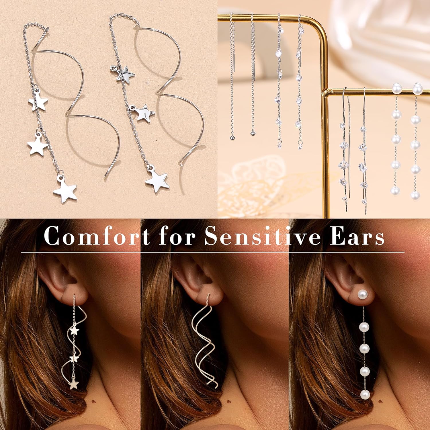 HAIAISO 8 Pairs Threader Dangle Earrings for Women 316L Stainless Steel Chain Tassel Earring Lightweight Double Twist Wave Threader Drop Earring Long Chain Earrings Set - Image 4