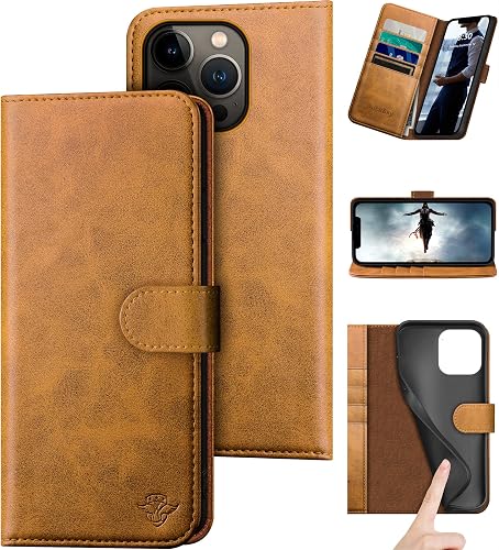 DuckSky for iPhone 14 Pro Max 6.7" Genuine Leather Wallet case【RFID Blocking】【4 Credit Card Holder】【Real Leather】 Flip Folio Book Protective Cover Women Men for Apple 14 ProMax 5G Phone case Khaki
