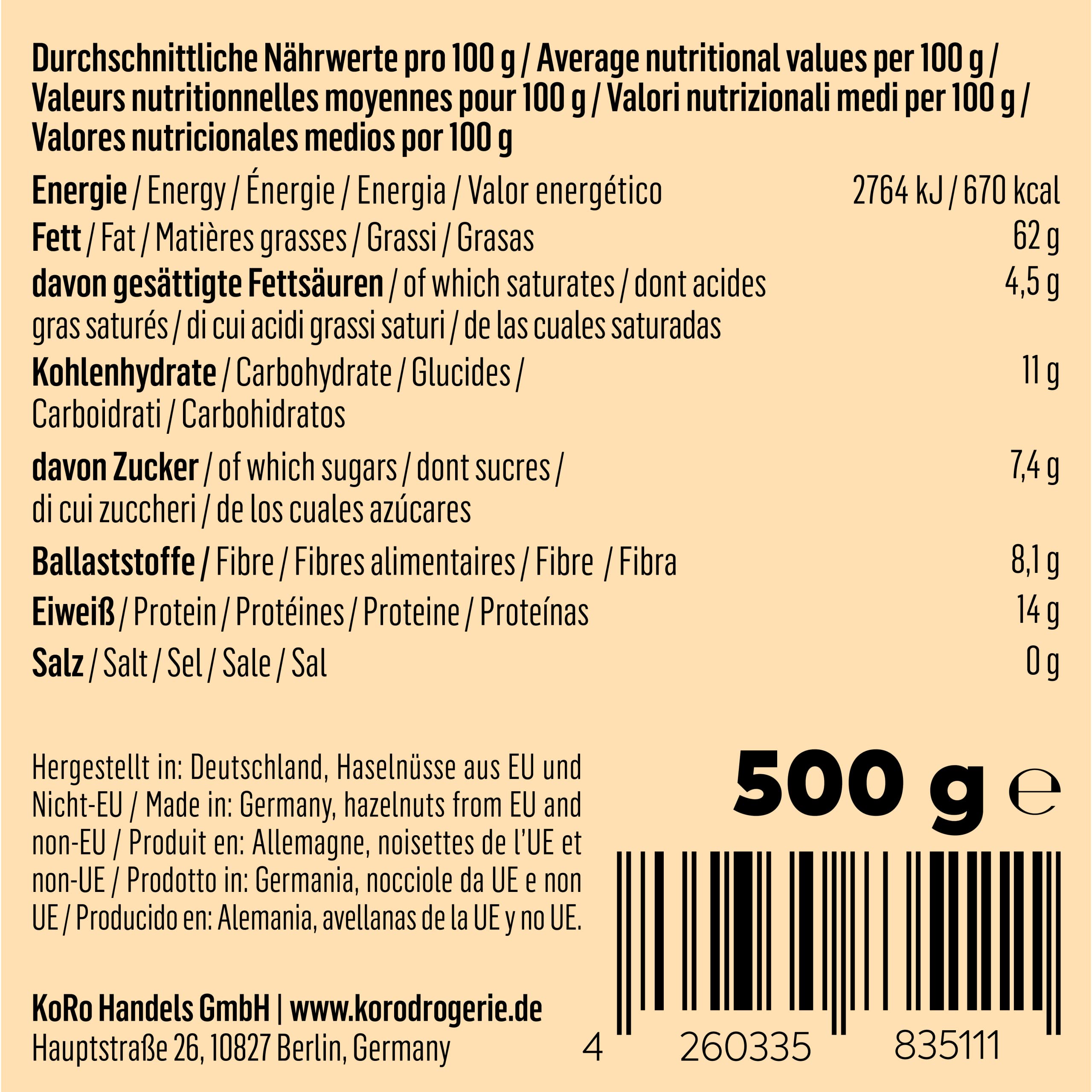 KoRo - Haselnussmus 500 g - Ohne Zusätze oder Konservierungsstoffe - Aus 100% Haselnüssen - Ideal für Smoothies Bowls, Salatdressings und Brotaufstriche