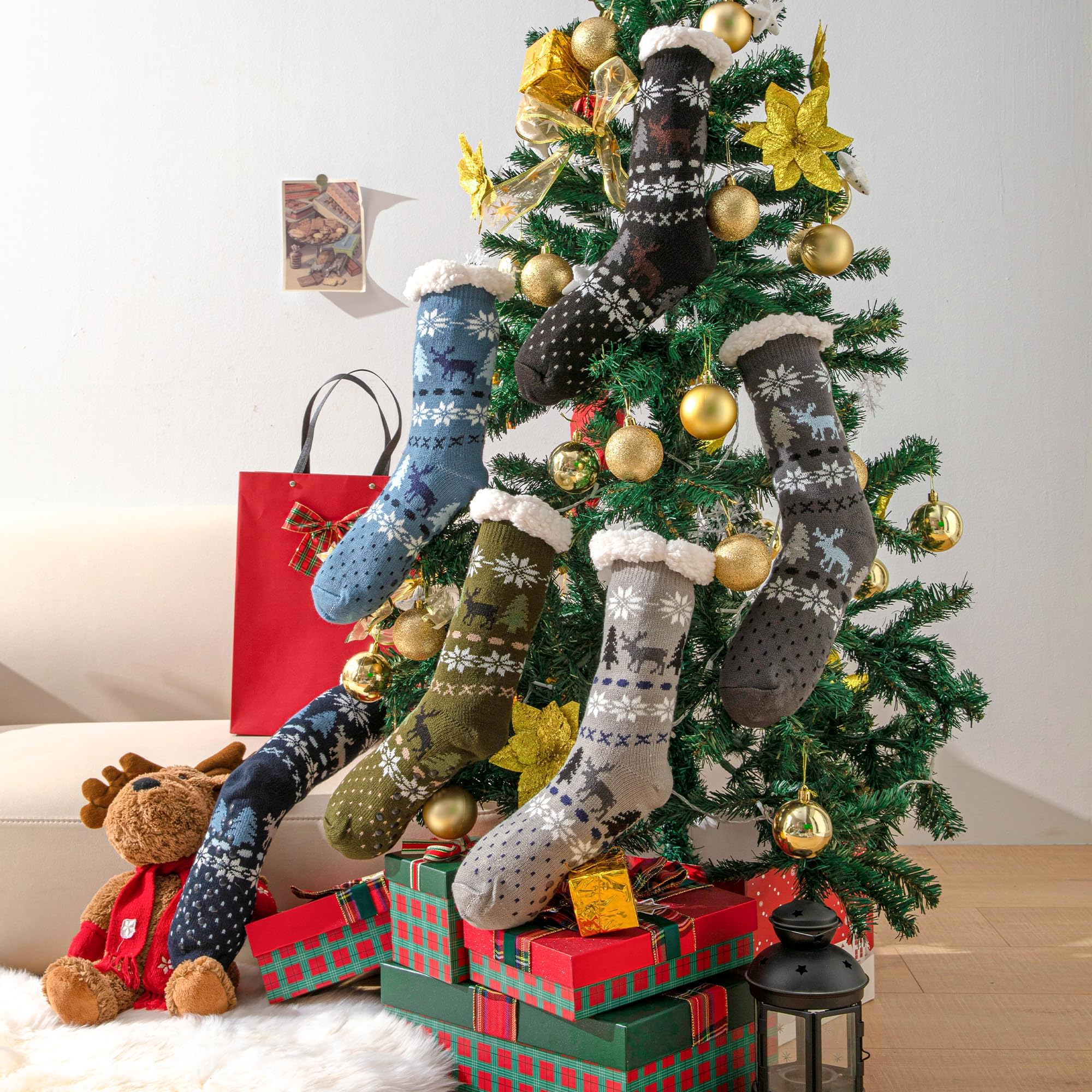 JOMIX Calcetines Antideslizantes para Hombre Invierno Cálidos Navidad Tamaño 39-46