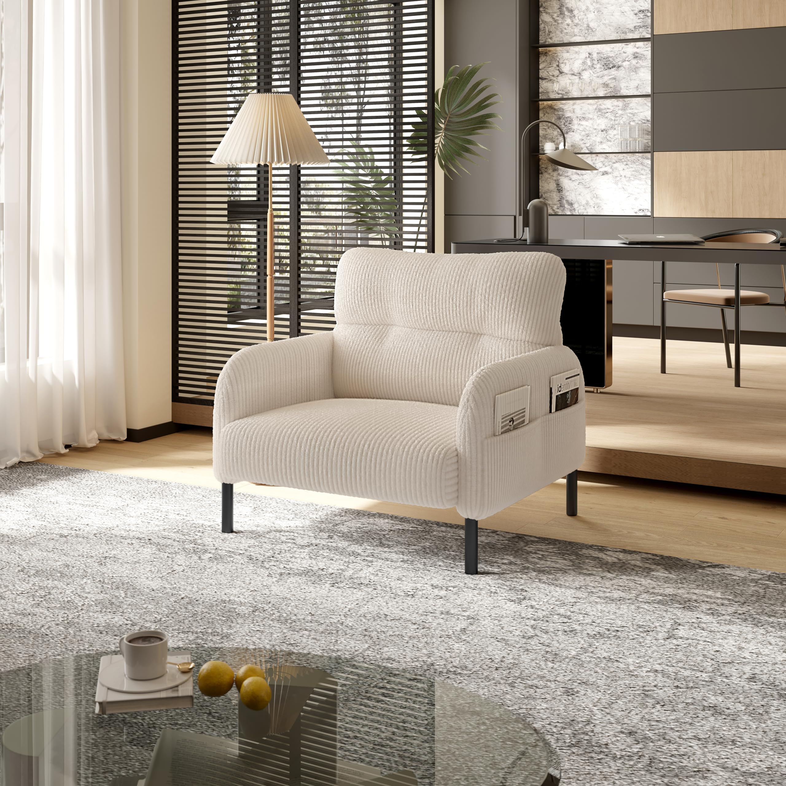Modern Accent Chair with Wide Seat, Corduroy Upholstered Single Sofa, Comfy Bedroom Armchair with Double Side Pocket, 115KG Weight Capacity, Tufted Reading Chair for Living Rooms, Office, Beige