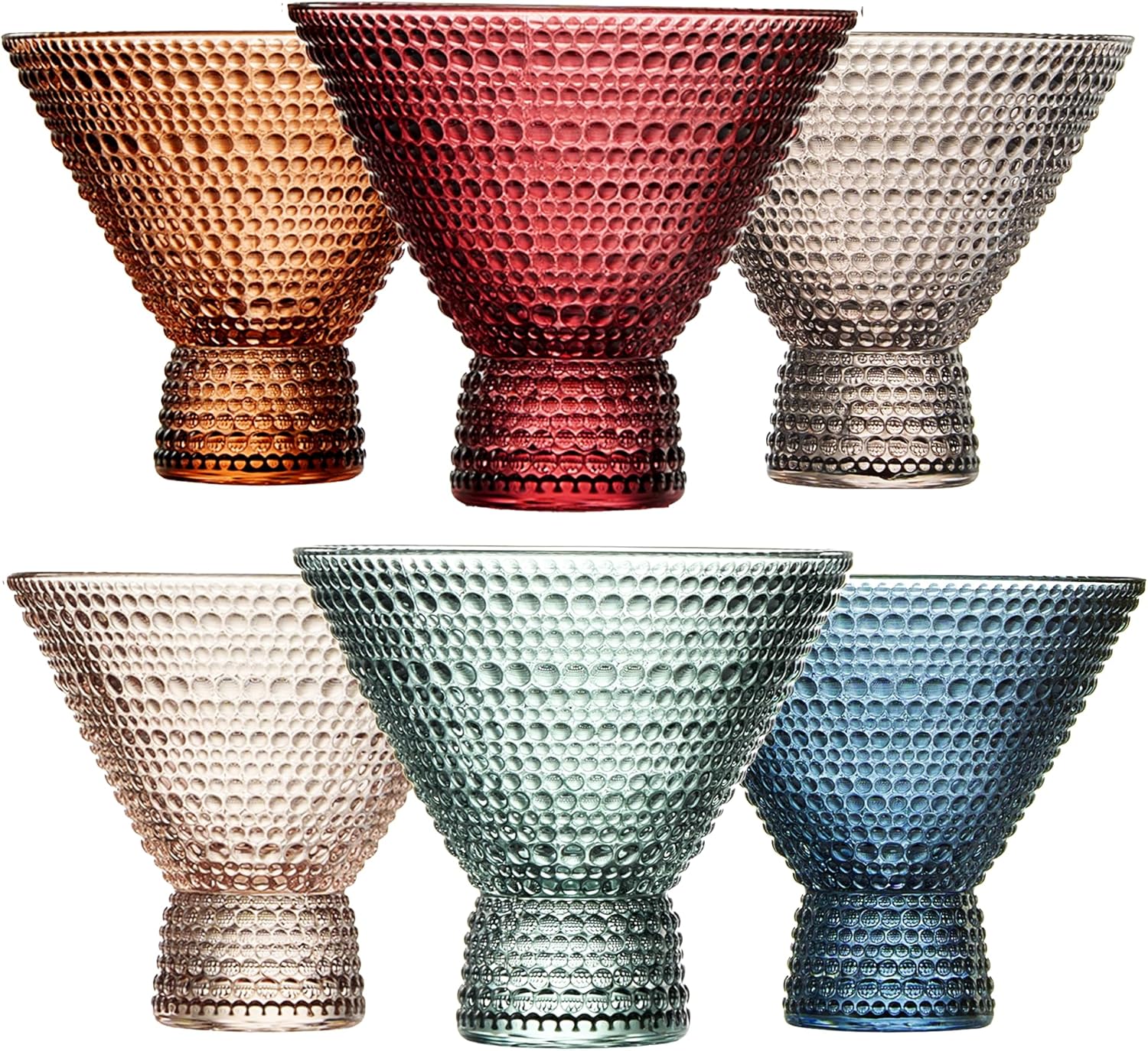 Khen Stemless Martini Colored Vintage Art Deco Glasses - Martini, Cocktail & Champagne Glasses | Set of 6 | Pastel Muted Crystal Cocktail Glassware, Goblet Cocktails, Bar Gift - Hobnail Design