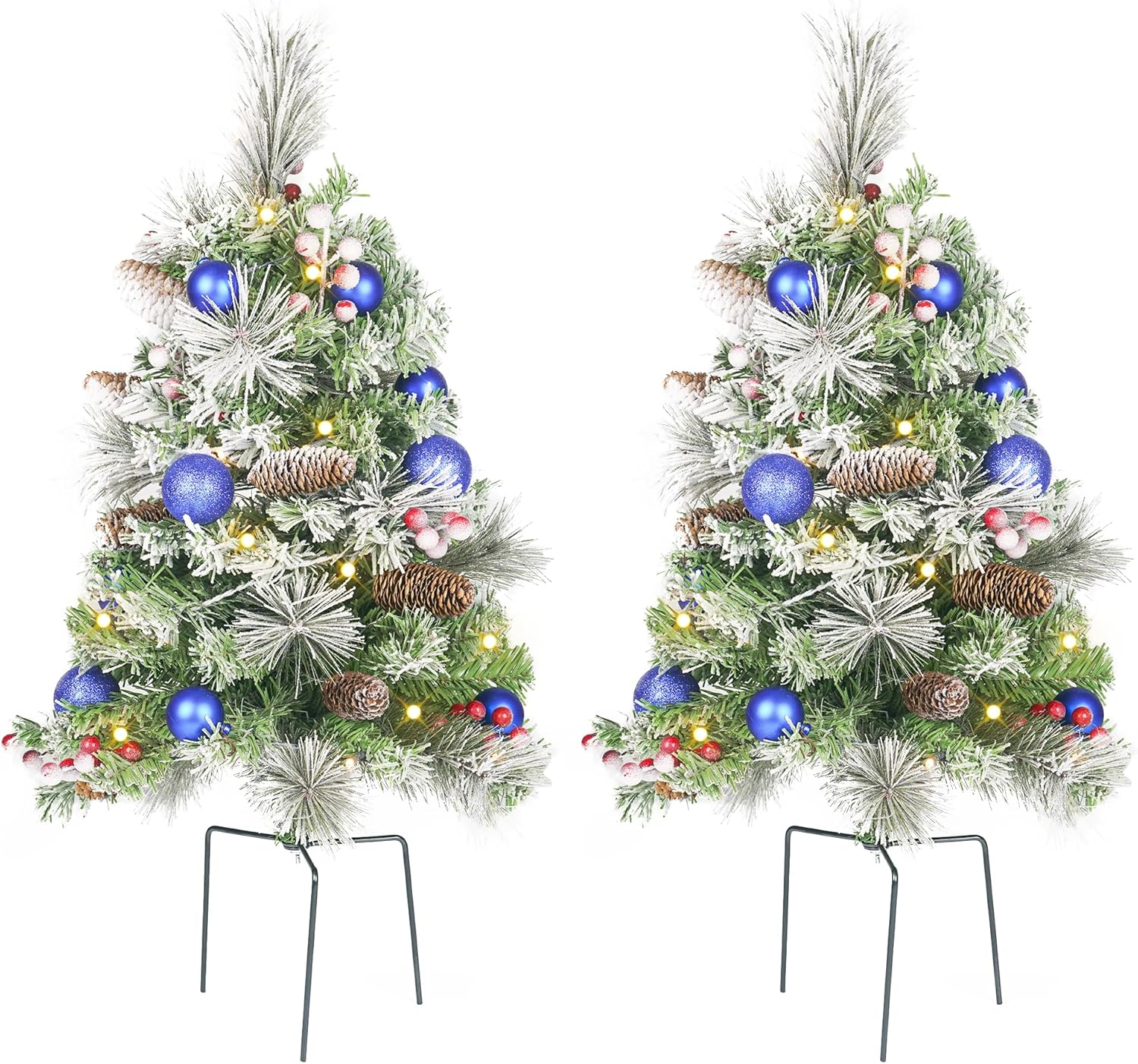 Flocked Christmas Tree 30 inch Prelit 2 Set Pathway Porch Christmas Trees Pre-Light LED Battery Operated Outdoor Xmas Decor for Entrance Driveway, Yard, Garden, Red Berries, Pine Cones Flocked Blue