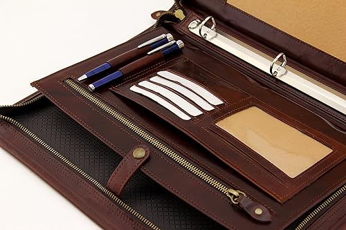 Miniatura 3 de Noda Carpeta de piel ejecutiva con 3 anillas, cartera profesional de negocios con cierre de cremallera, currículum, documento, bloc de notas,