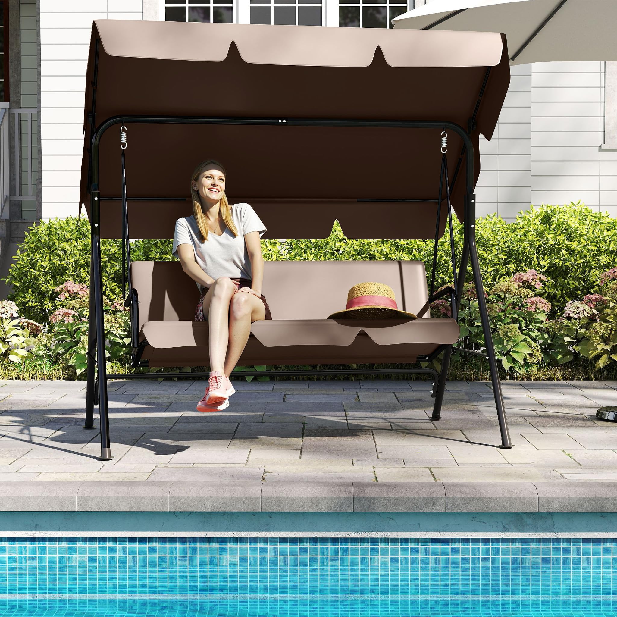 LZQ Balançoire Hollywood 3 places résistante aux intempéries - Avec toit réglable - 176 x 110 x 152 cm - Charge maximale : 200 kg - Pour extérieur, intérieur et extérieur, marron foncé