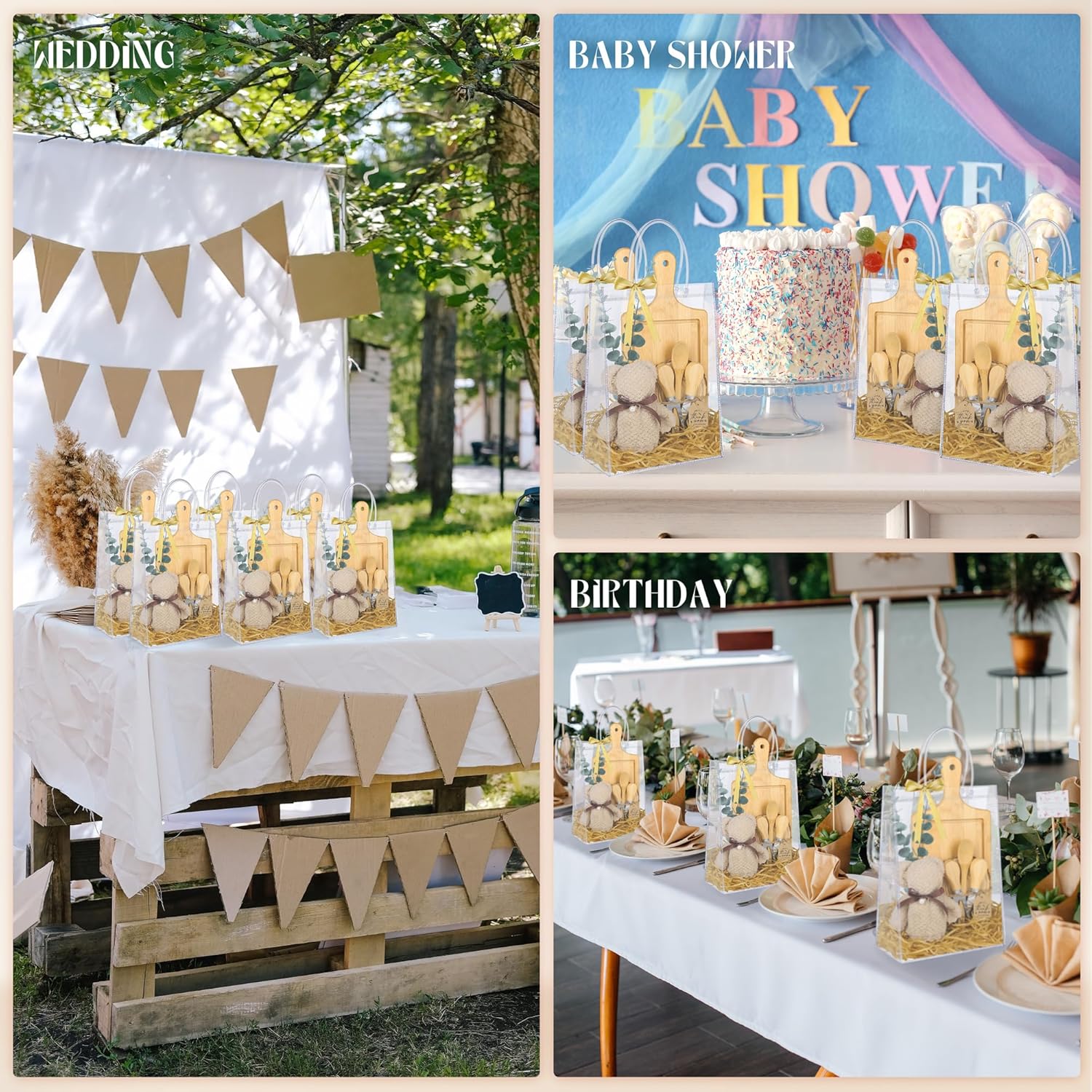 Aneco 6 Sets Baby Shower Prizes for Game Winners 63 Pcs Bamboo Cheese Board Spoon Fork Wooden Coasters Hand Towels Gift Bags Thank You Cards for Baby Shower Bridal Shower Wedding Favors