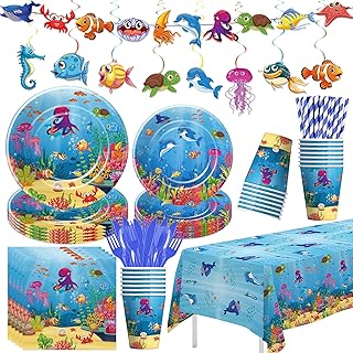 Under The Sea Party Decorations for Birthday Baby Shower, Underwater Sea Life Blue Ocean Theme Party Supplies, Paper Plates and Napkins, Cup, Cutlery, Swirls, Banner, Tablecloth, Serves 24