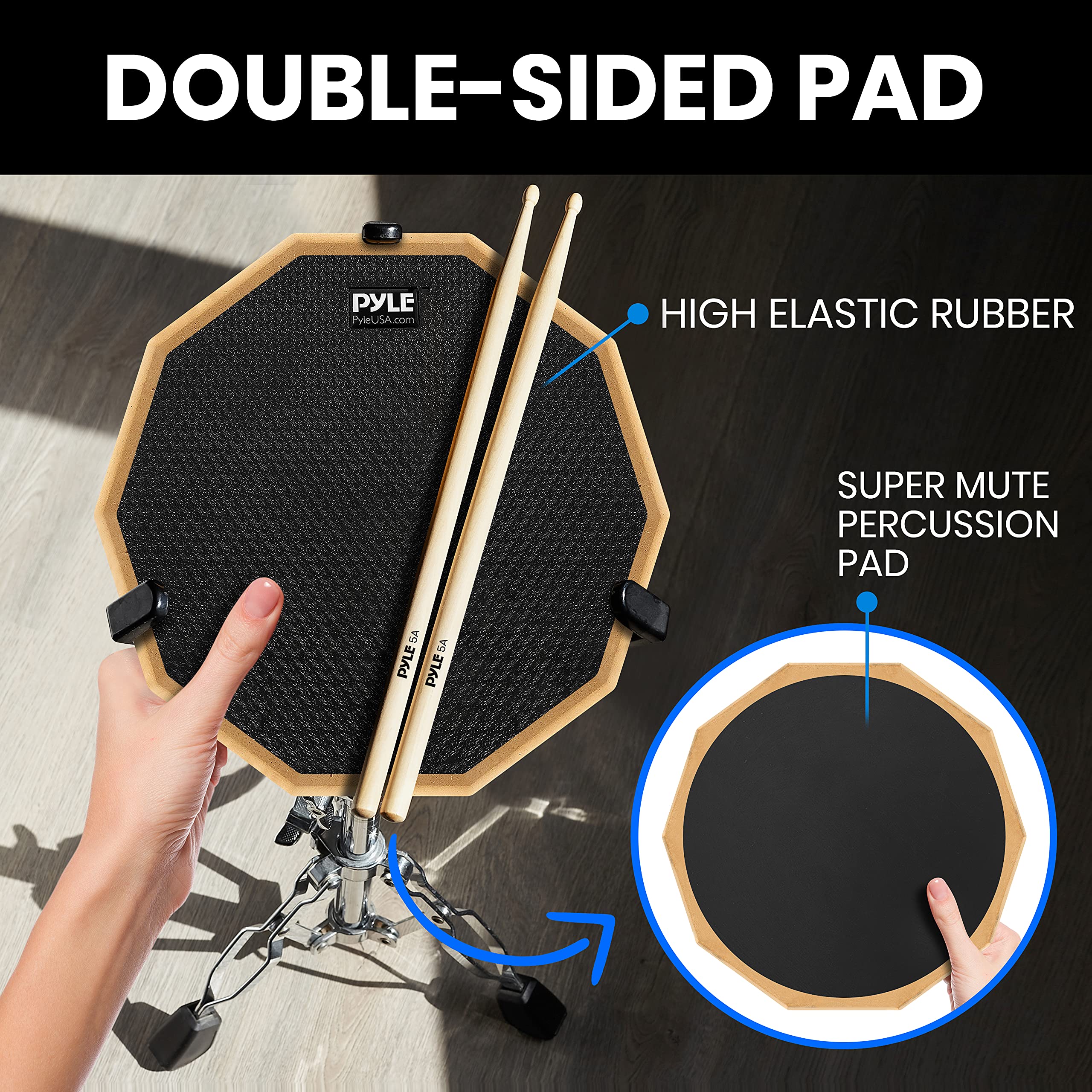 Pyle PSDPKIT10.5 - Juego de almohadillas de práctica de 12 pulgadas con soporte de caja, almohadilla silenciosa de goma de doble cara con accesorios de batería, montaje en rack ajustable, par de