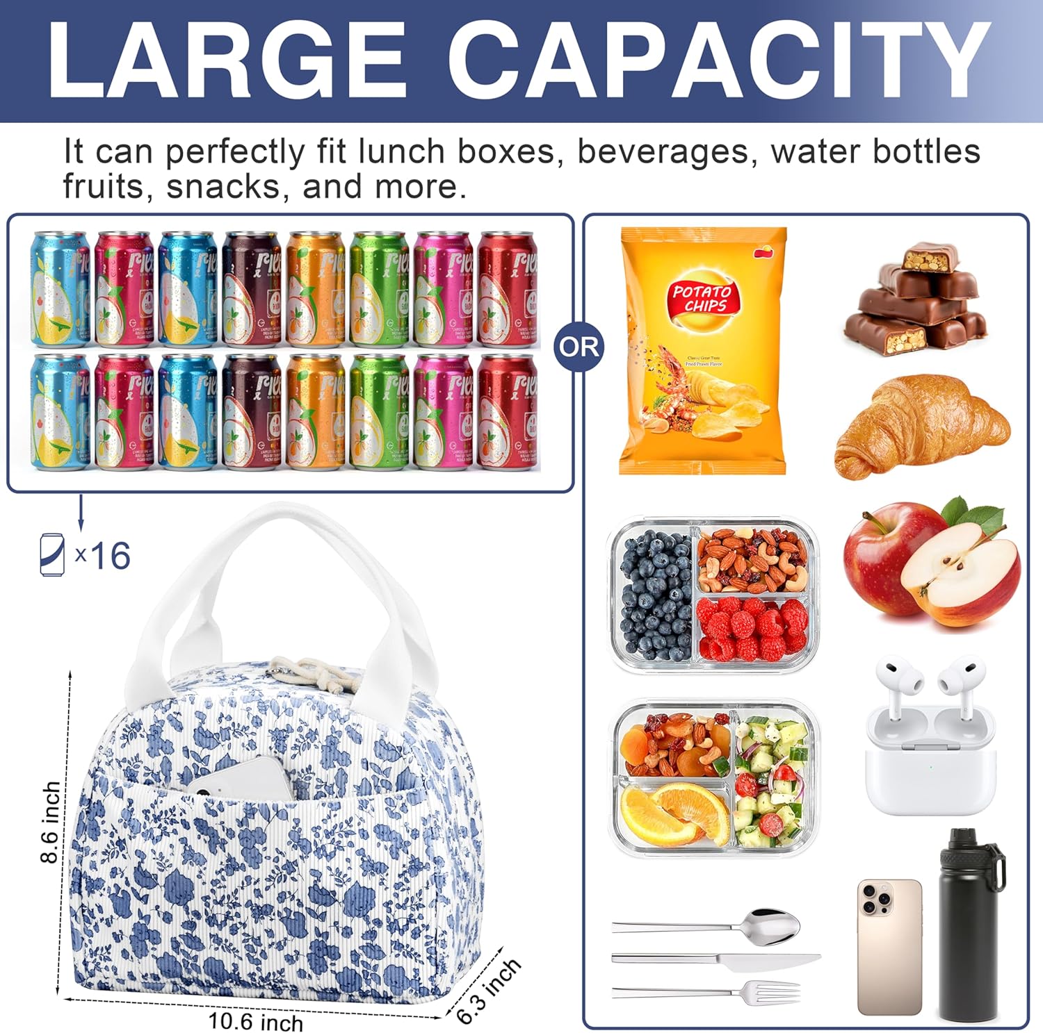 Lunch Bag - Insulated Lunch Box for Women, Reusable Large Capacity Cooler Bag for Adult, Small Leakproof Cute Corduroy Lunch Tote for Work Office Travel Picnic (Corduroy Navy Blue-Flower) - Image 2