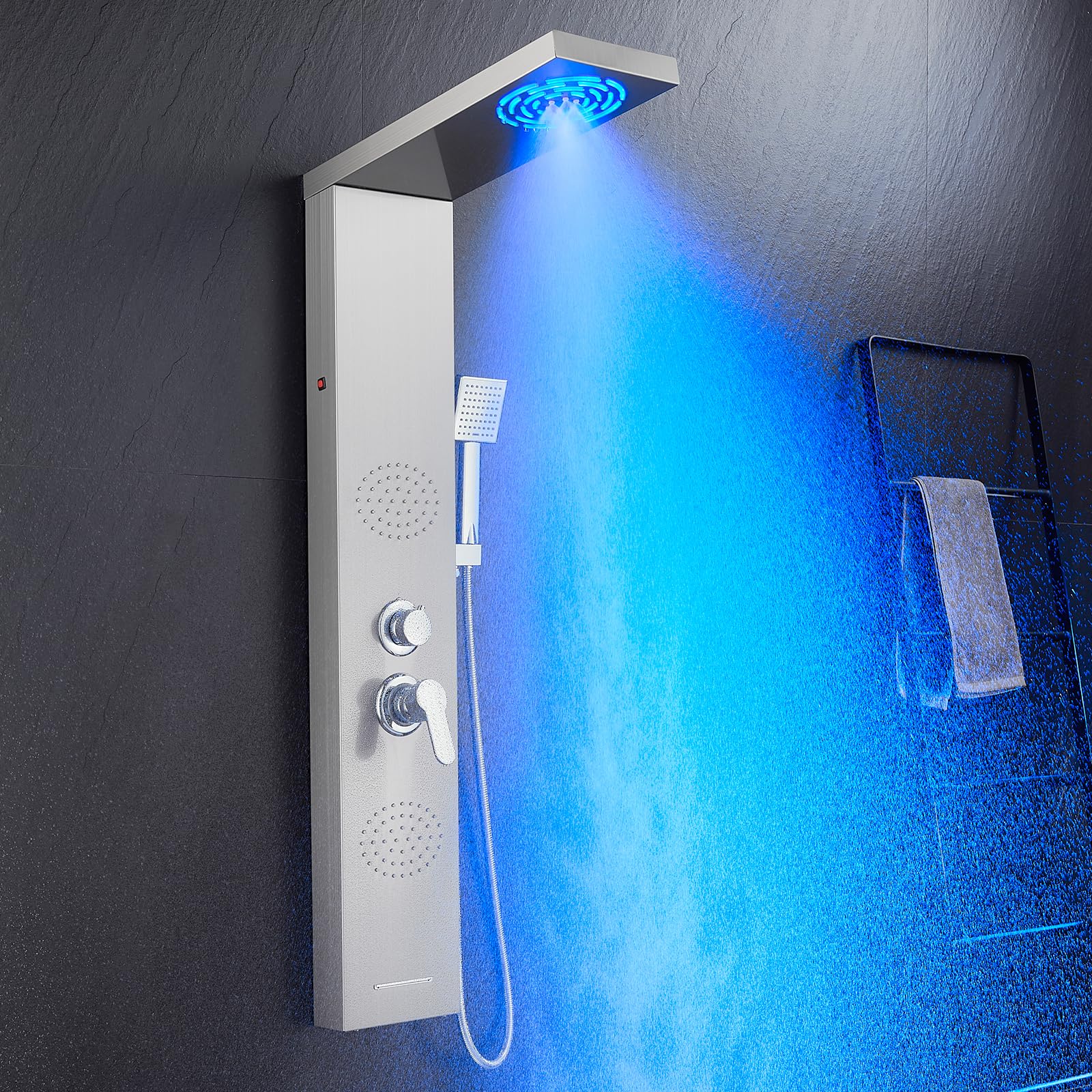 POPFLY 5 IN 1 LED Shower Panel Tower System with Mist?Rain System, Bathroom Stainless Steel Shower Panels Column with Tub Spout, 2 Full Body Massage Jets, Brushed Nickel Wall Mount Shower Tower