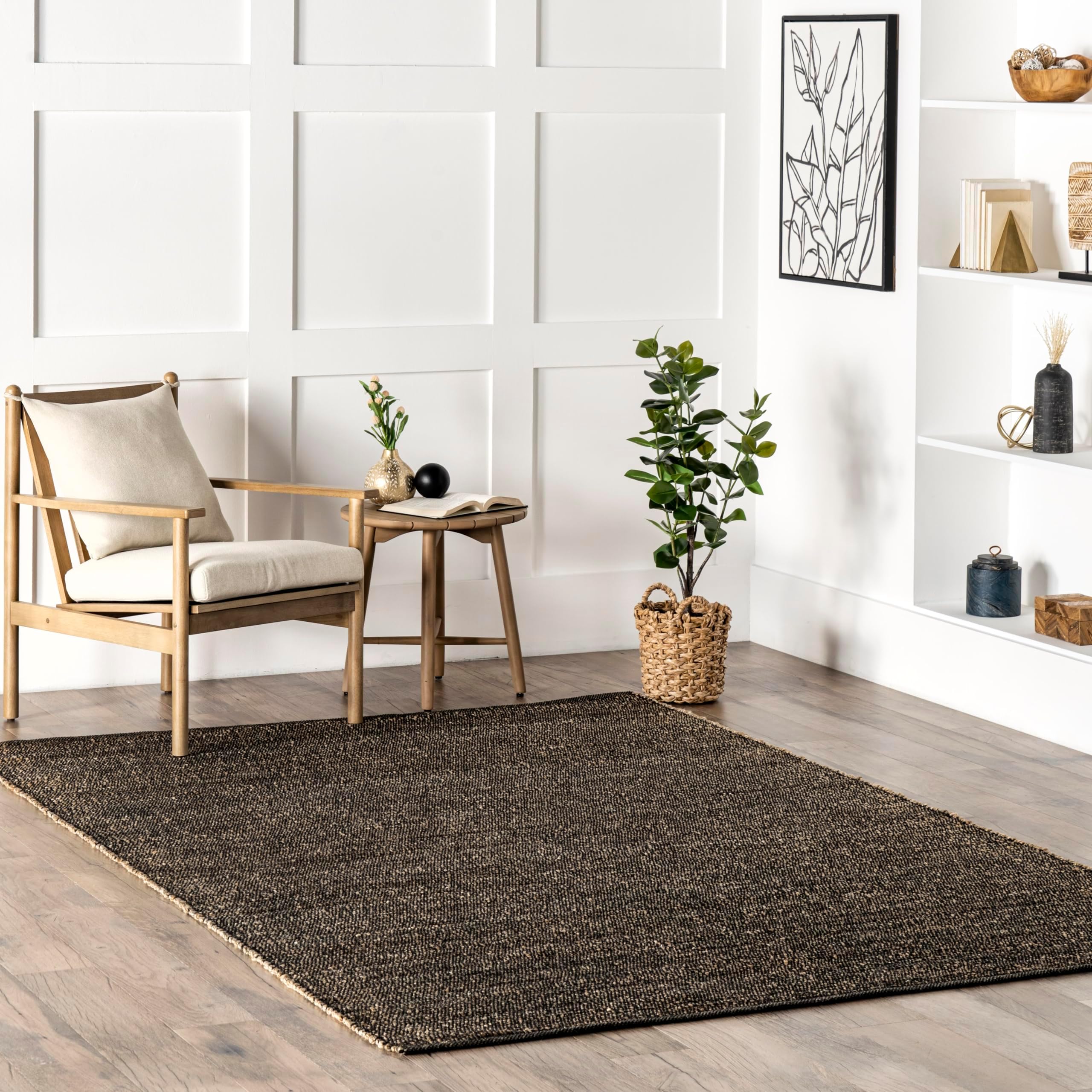 nuLOOM 6x9 Elfriede Jute & Cotton Hand Woven Area Rug, Charcoal, Solid Rustic Farmhouse Style, Weaved Design, Natural Fiber, For Bedroom, Living Room, Dining Room, Hallway, Office, Entryway
