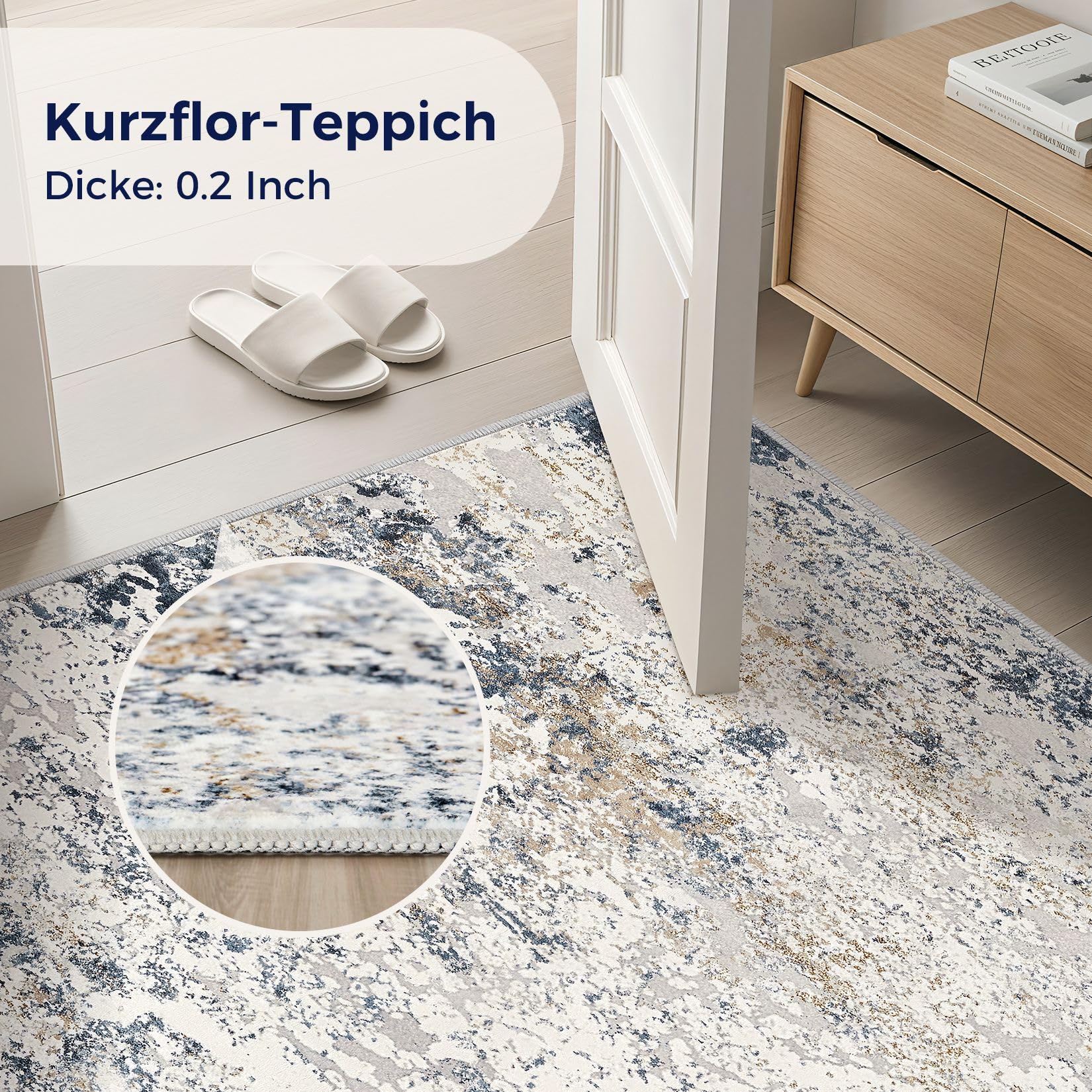 DMOYEST Teppich Wohnzimmer 200x300cm Modern Beige Blau Waschbar | Kurzflor Weich Maschinenwaschbar Rutschfest, Kinder und Haustierfreundlich für Schlafzimmer, Esszimmer und Büro