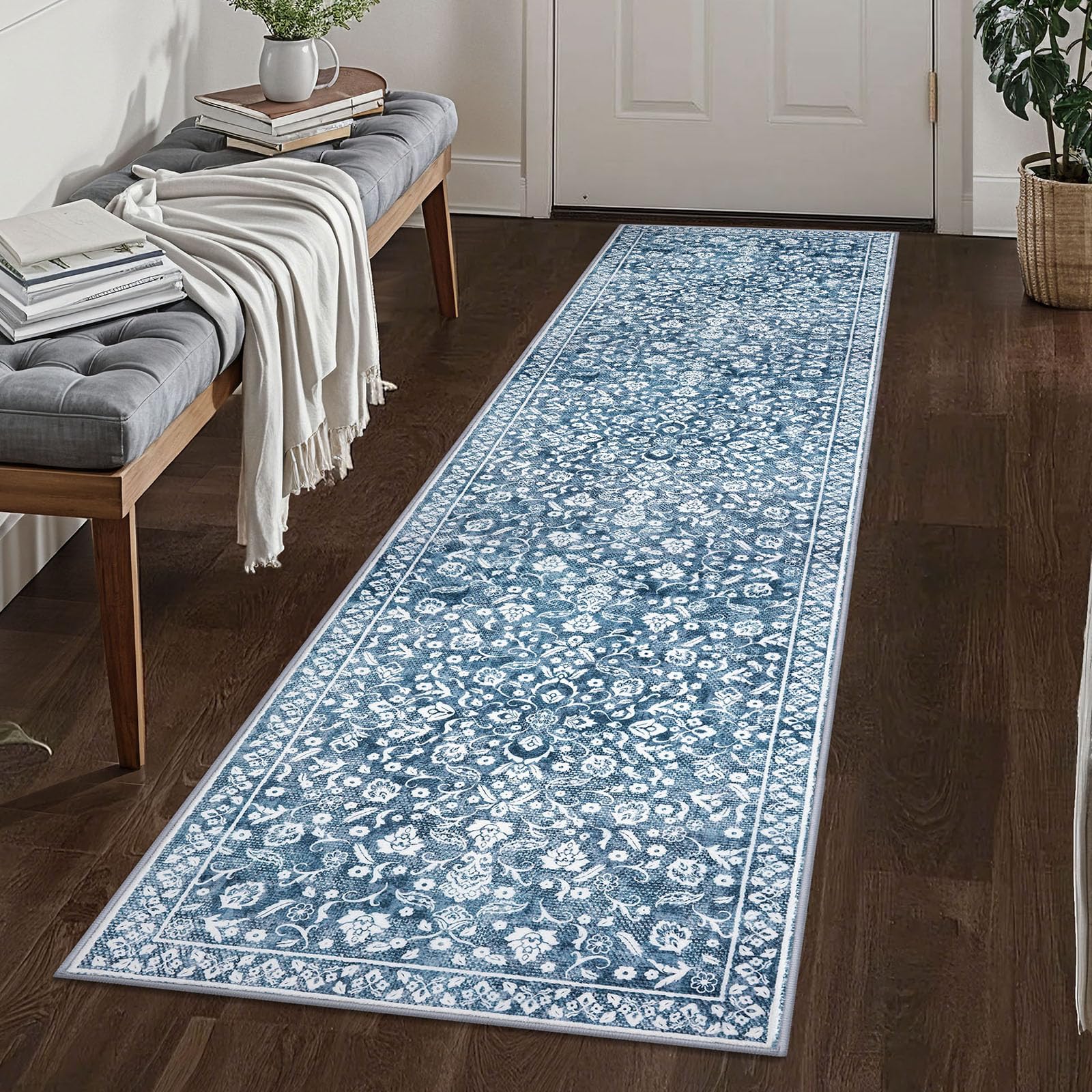 SILOLOOM Vintage 2x8 Hallway Runner Rug, Blue and White Washable Rug, Non-Slip Super Soft Kitchen Runner Rug, Print Faux Wool Floral Thin Carpet for Entryway Bedside — image 1