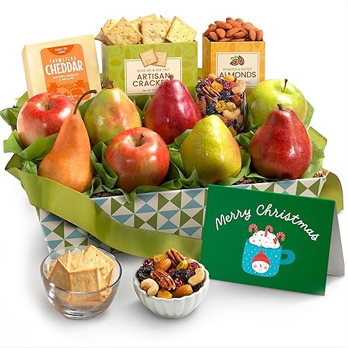 A Gift Inside Fruitfully Classic Merry Christmas Fresh Fruit Basket with Cheese and Nuts