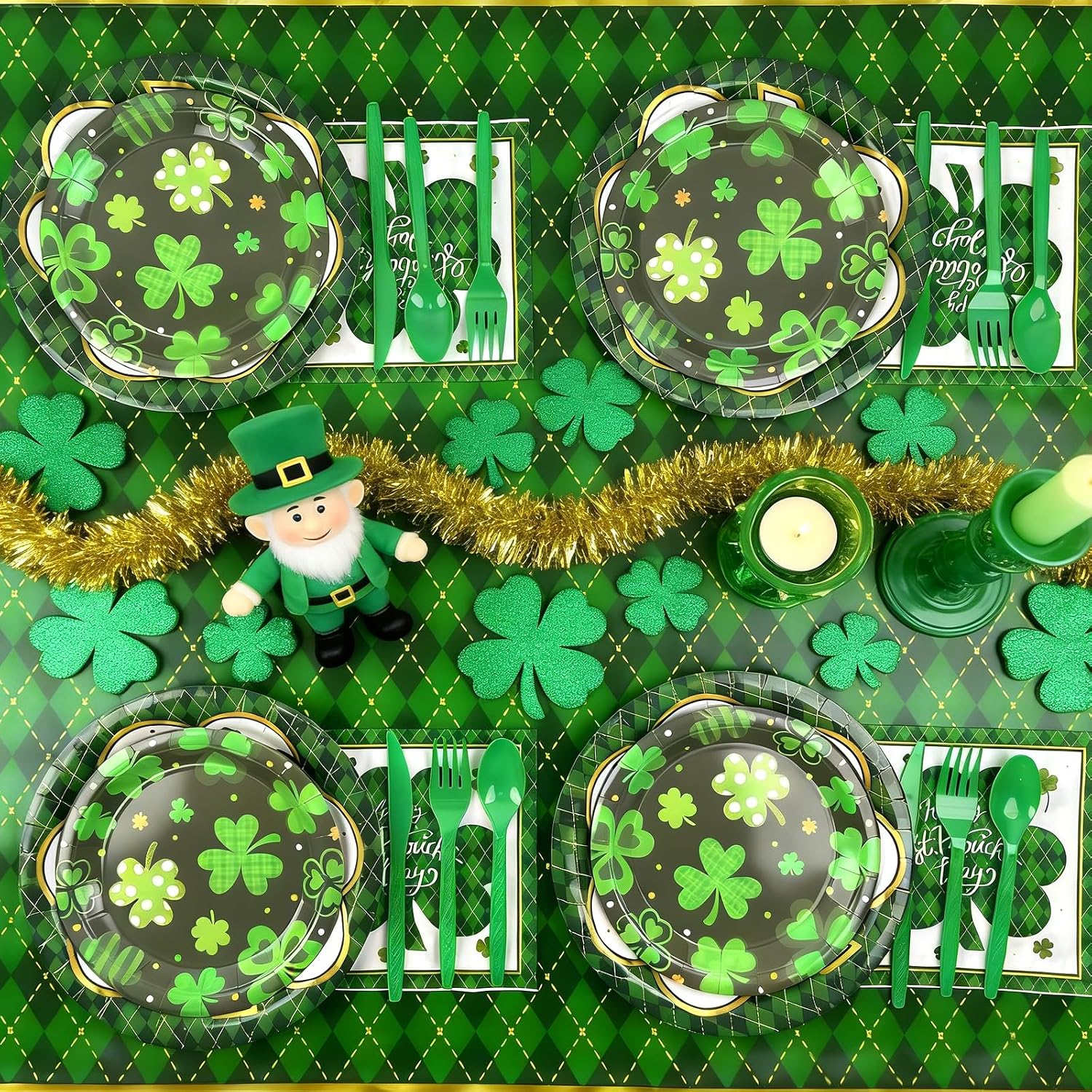 194 Pcs St Patricks Day Paper Plates & Napkins,Green Shamrock Paper Plates St Patricks Dinnerware Disposable Including Cup Straw Plastic Cutlery Banner Tablecloth for Saints Day Party Supplies