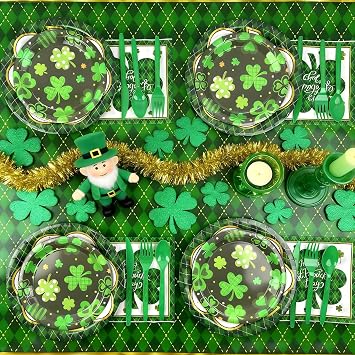 194 Pcs St Patricks Day Paper Plates & Napkins,Green Shamrock Paper Plates St Patricks Dinnerware Disposable Including Cup Straw Plastic Cutlery Banner Tablecloth for Saints Day Party Supplies