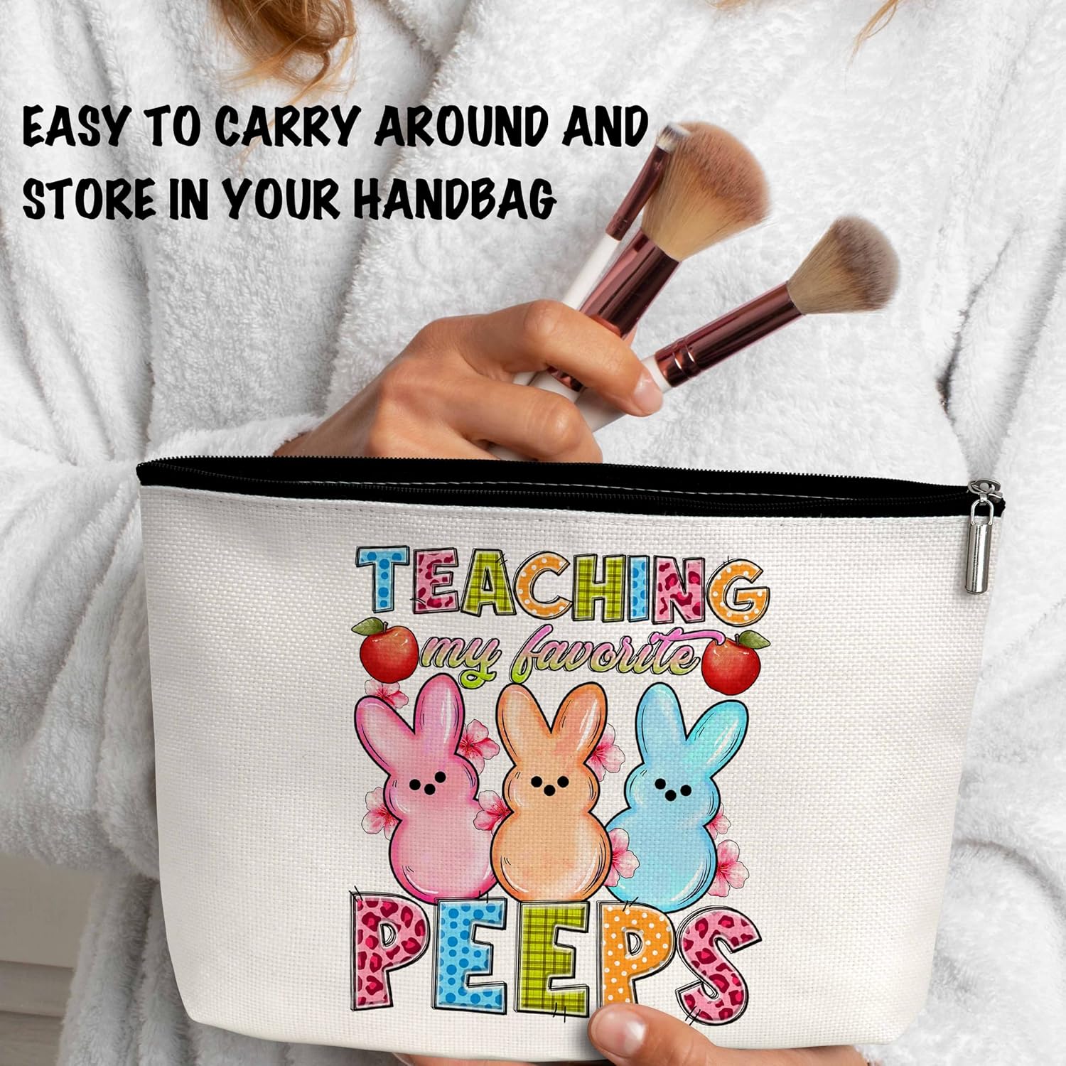 ONDTOM Happy Easter Gifts for Women Friends, Easter Bunny Makeup Bag, Teaching My Favorite Peeps Teacher Appreciation Gifts -B13 image 3