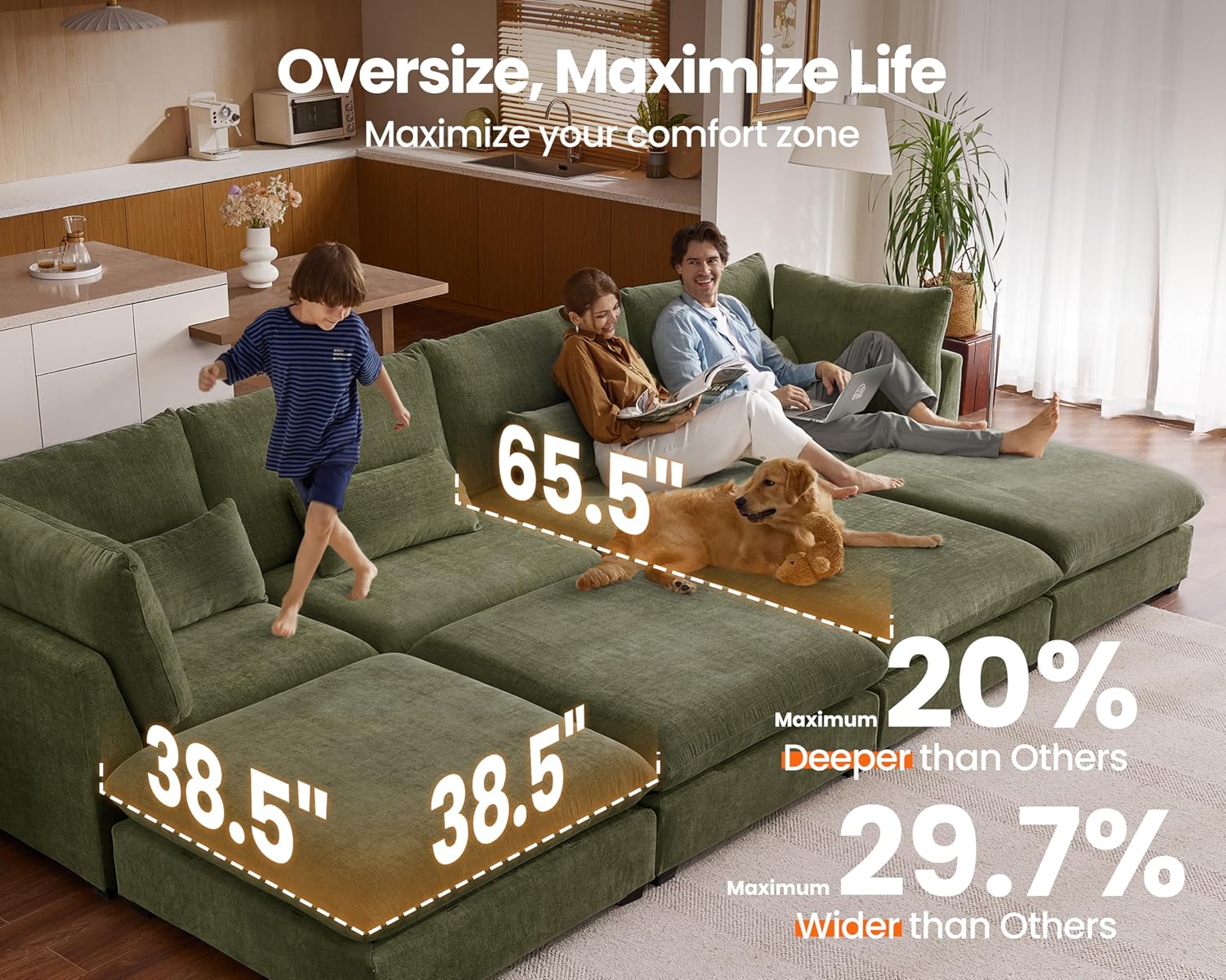 115" Oversized Chenille Couch Modular Sectional Sofa, Washable Cloud Couch Sectional with Ottoman, 6 Seater Sectional Couches for Living Room, Fully Cover Removable, V Shaped & Corner, Chenille, Green