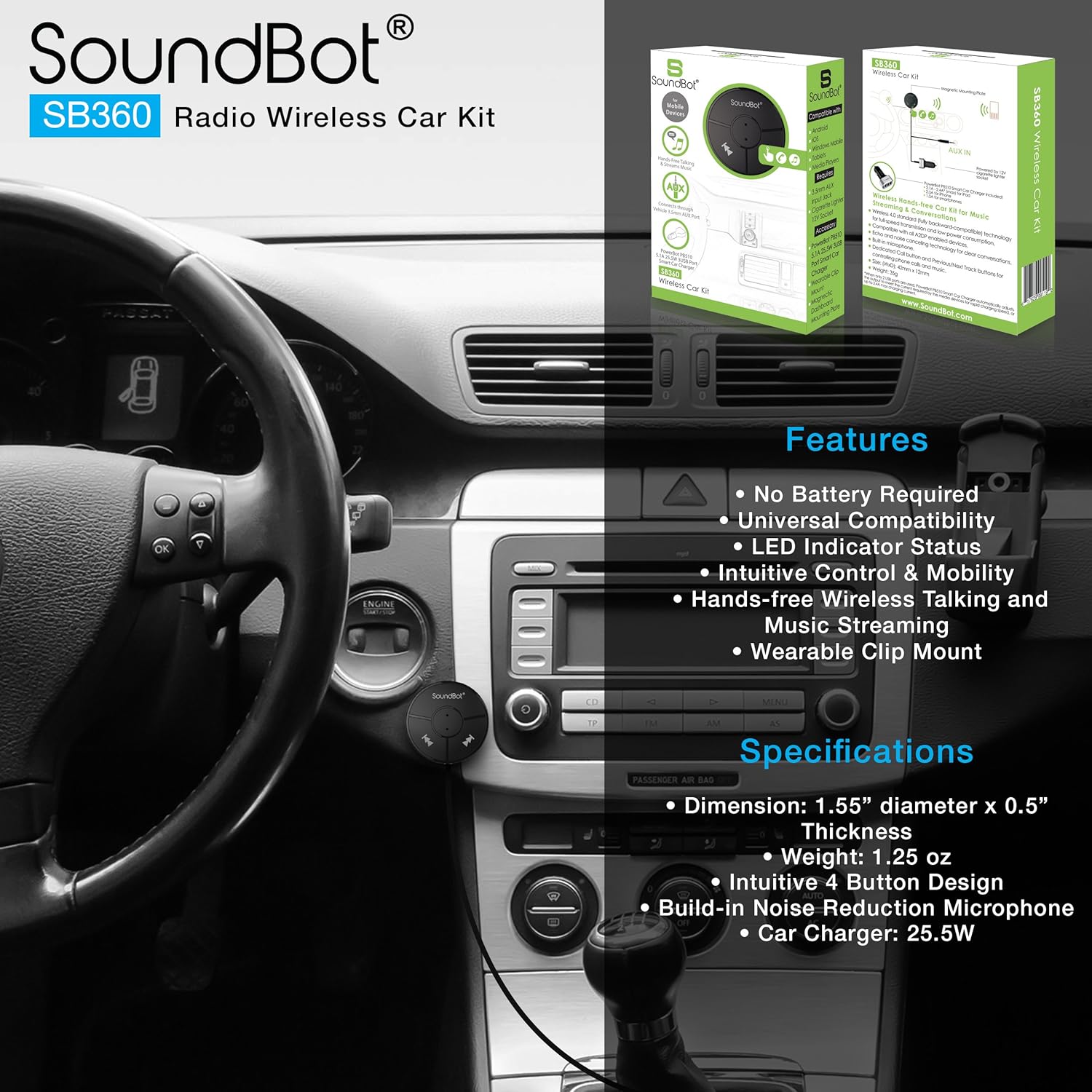 SoundBot SB360 Bluetooth 4.0 Car Kit Hands-Free Wireless Talking & Music Streaming Dongle w/ 10W Dual Port 2.1A USB Charger + Magnetic Mounts + Built-in 3.5mm Aux Cable …