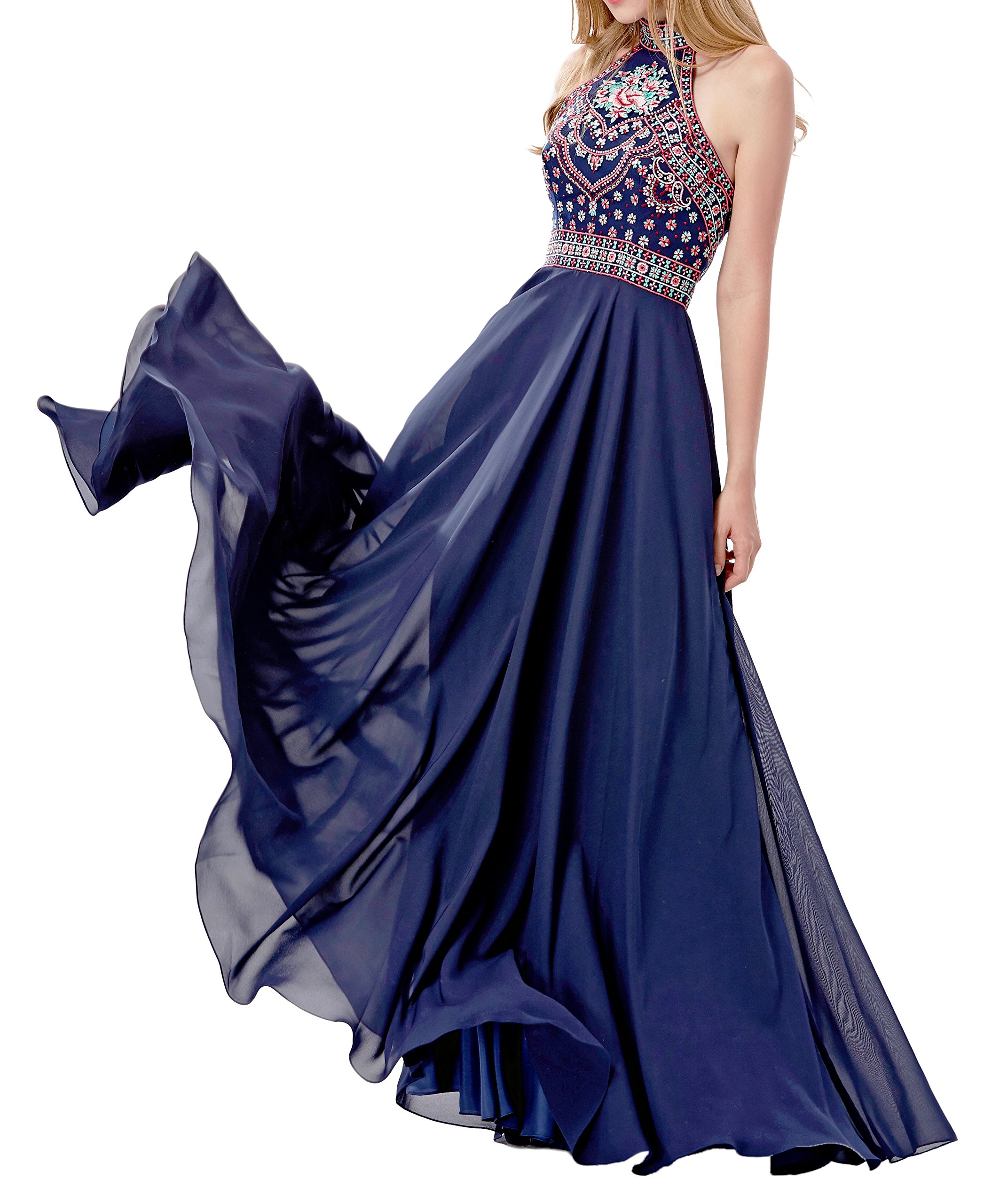 Women's Long Prom Dresses Homecoming Dresses Long Evening Gowns Bridesmaid Dresses Halter Neck Embroidery Open Back 2017 (6,Navy Blue)