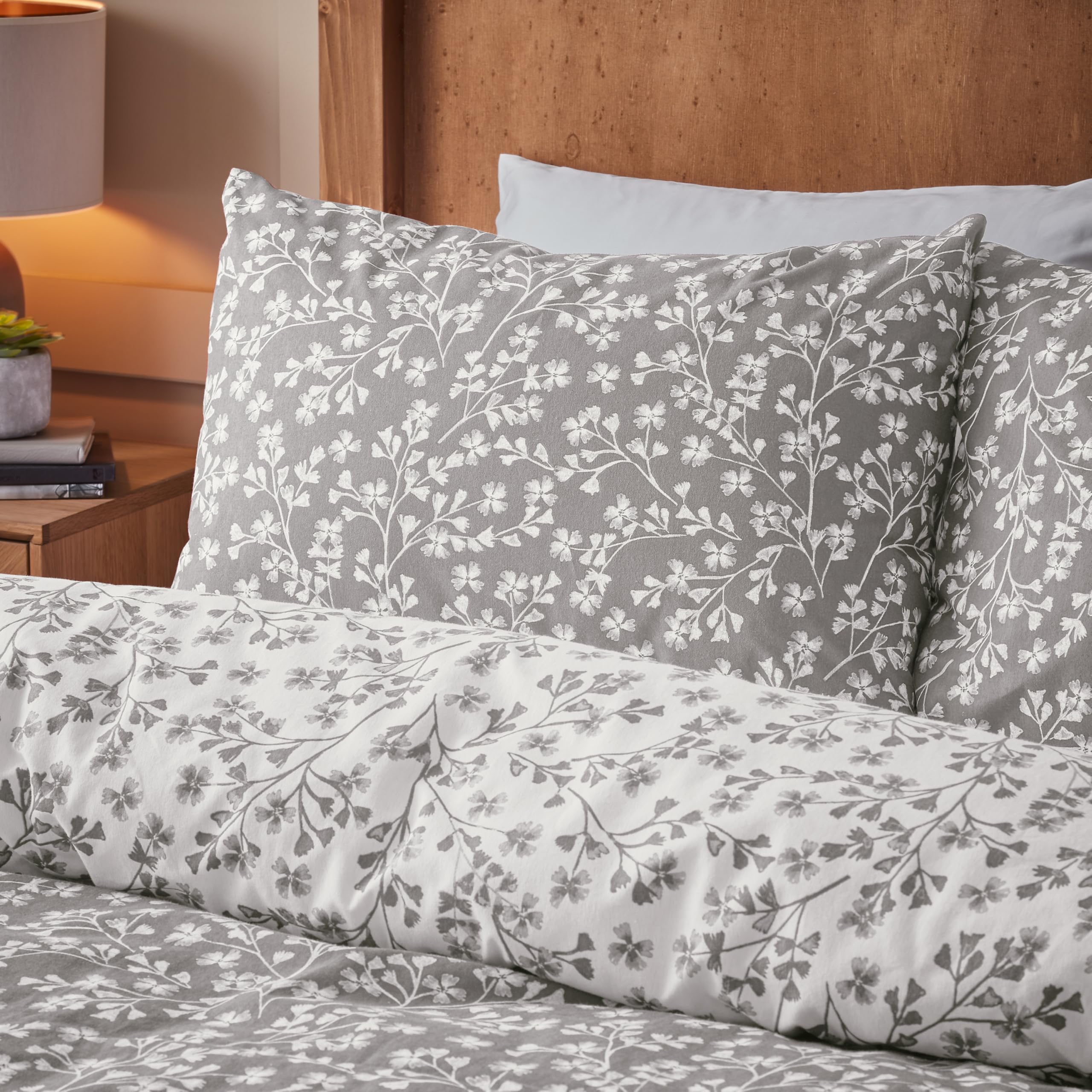 Catherine Lansfield Brushed Grace Floral Leaf Cotton Reversible Double Duvet Cover Set including Pillowcases Grey - Image 3