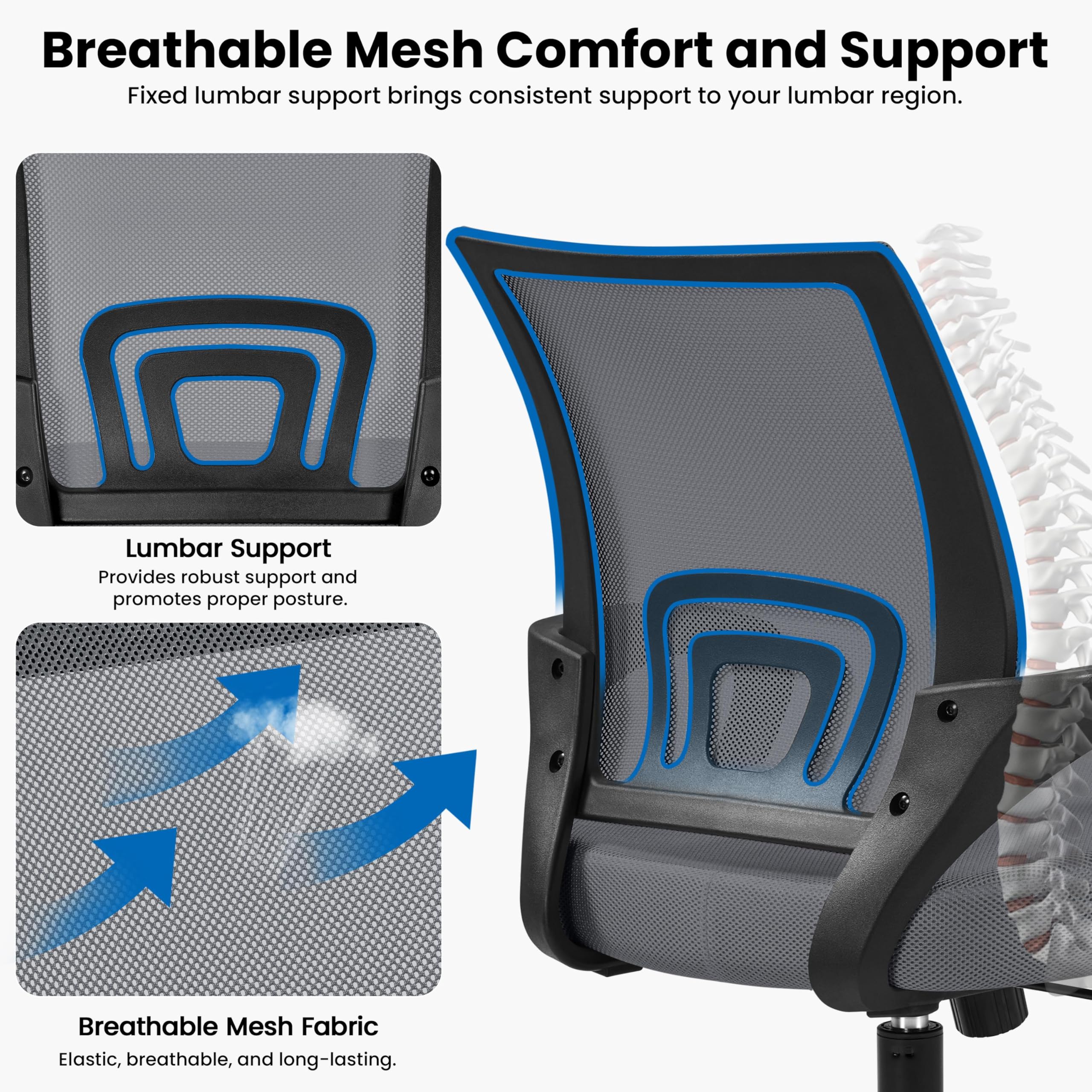 Yaheetech Chaise de Bureau Ergonomique à Hauteur Réglable Gris Foncé | Fauteuil de Bureau en Maille, Soutien Lombaire Intégré, Roulettes Pivotantes, Charge 136kg pour Chambre Bureau Studio